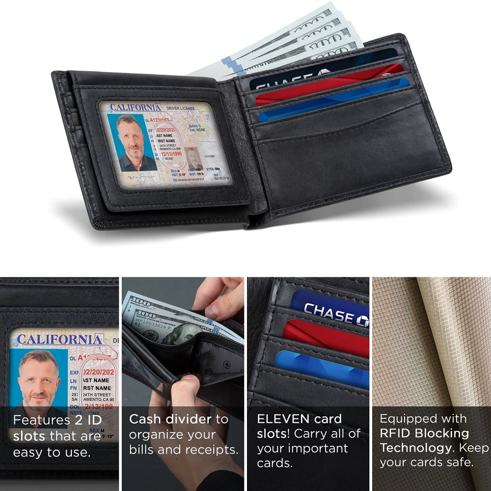 2 ID Window Wallet for Men | RFID Blocking | Premium Full Grain Leather | Bifold Top Flip | Extra Capacity Travel Wallet | Charcoal Black - Image 6