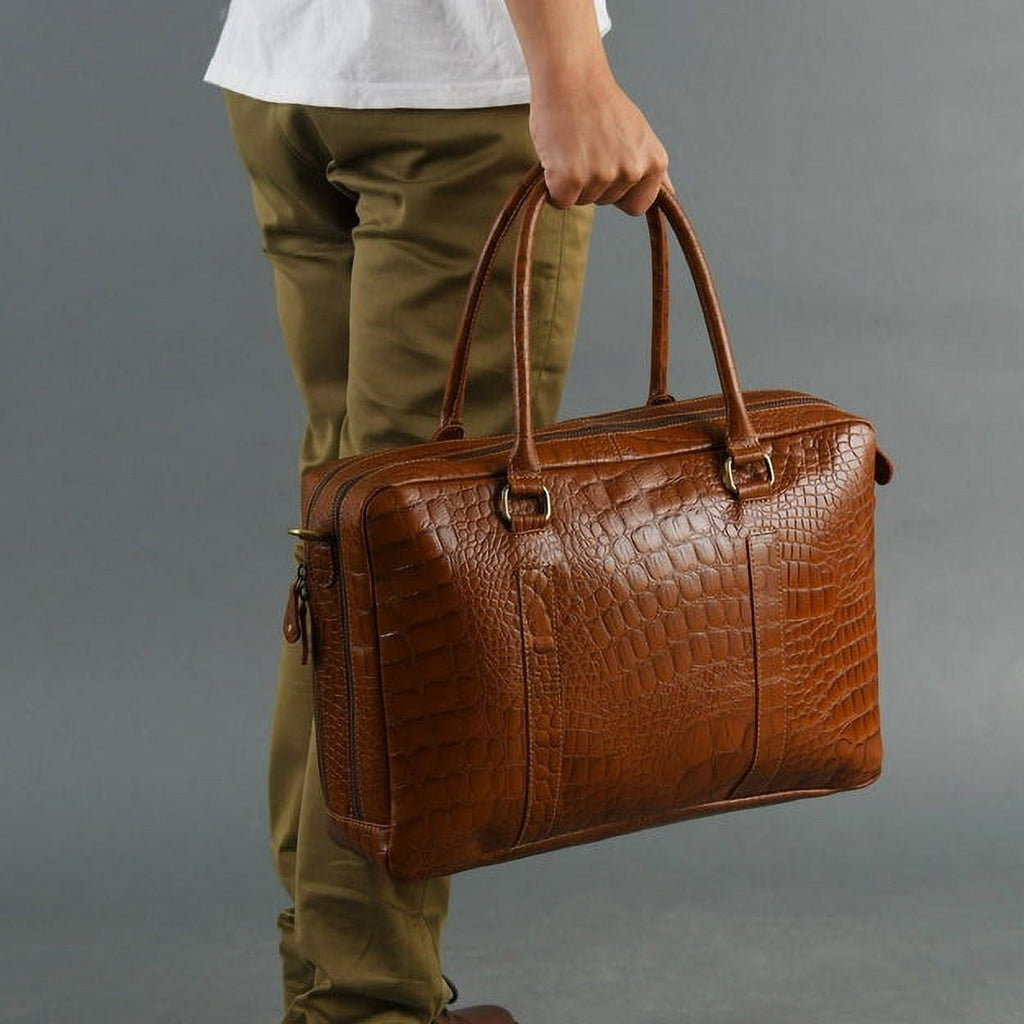 Briefcase Genuine Leather Office Bags for Men Laptop Bag Croco Pattern 15" Leather Business Handbag - Image 2