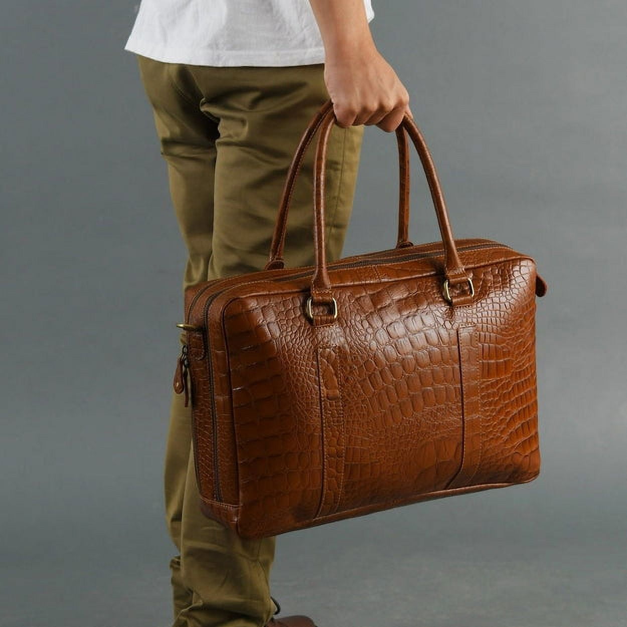 Briefcase Genuine Leather Office Bags for Men Laptop Bag Croco Pattern 15" Leather Business Handbag - Image 2