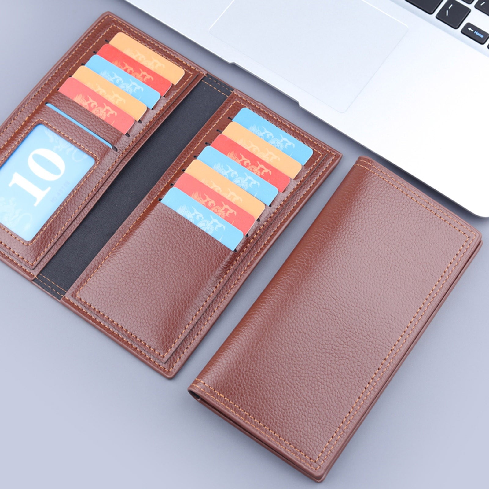 RFID Bifold Wallets for Men Slim Credit Card Holder Leather Long Purse with 12 Card Slots Coffee - Image 6