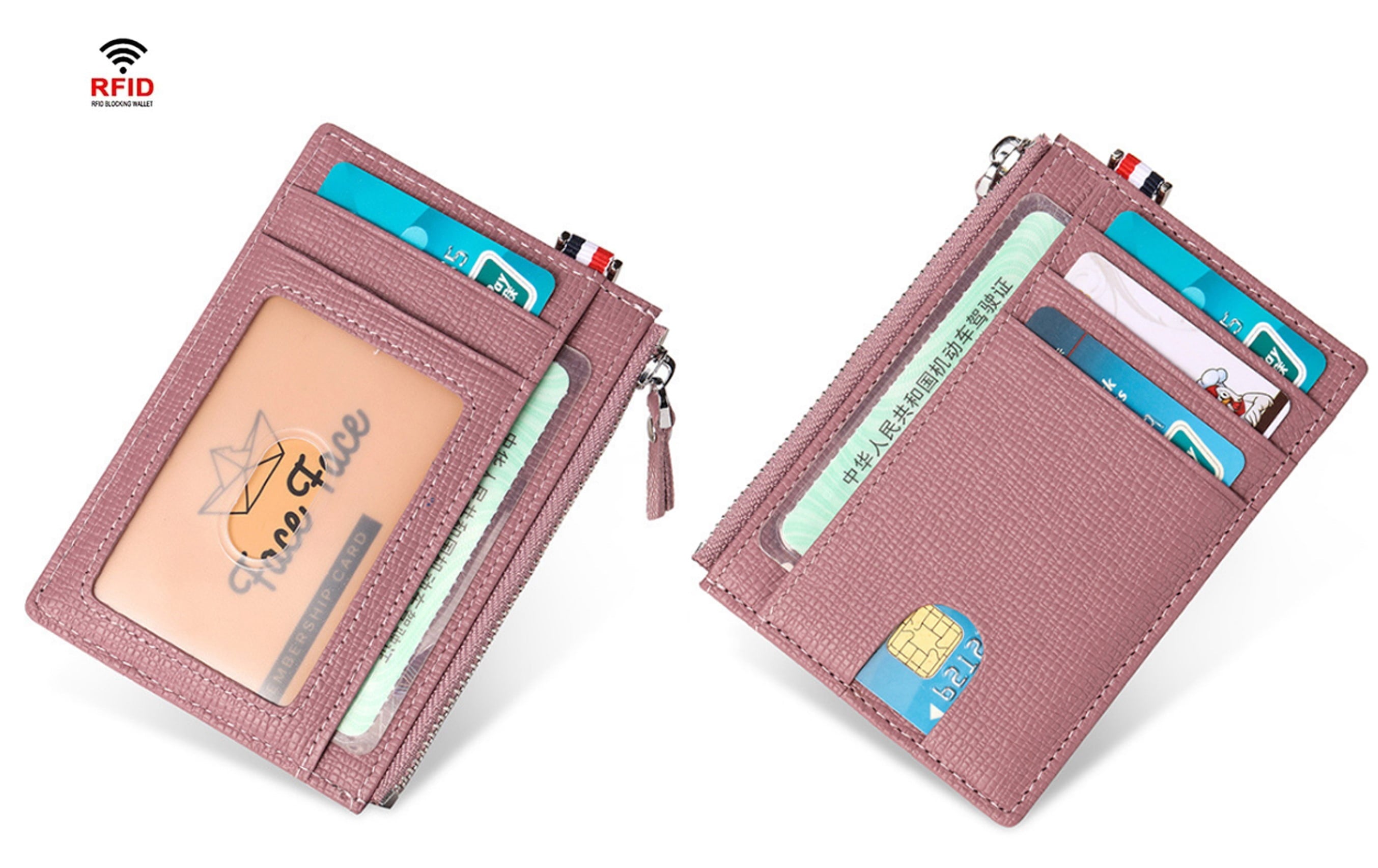 Genuine Leather Slim Minimalist Wallet with Zipper, Saffiano Leather Credit Card Holder Front Pokcet ID Badge Case Ho... - Image 4
