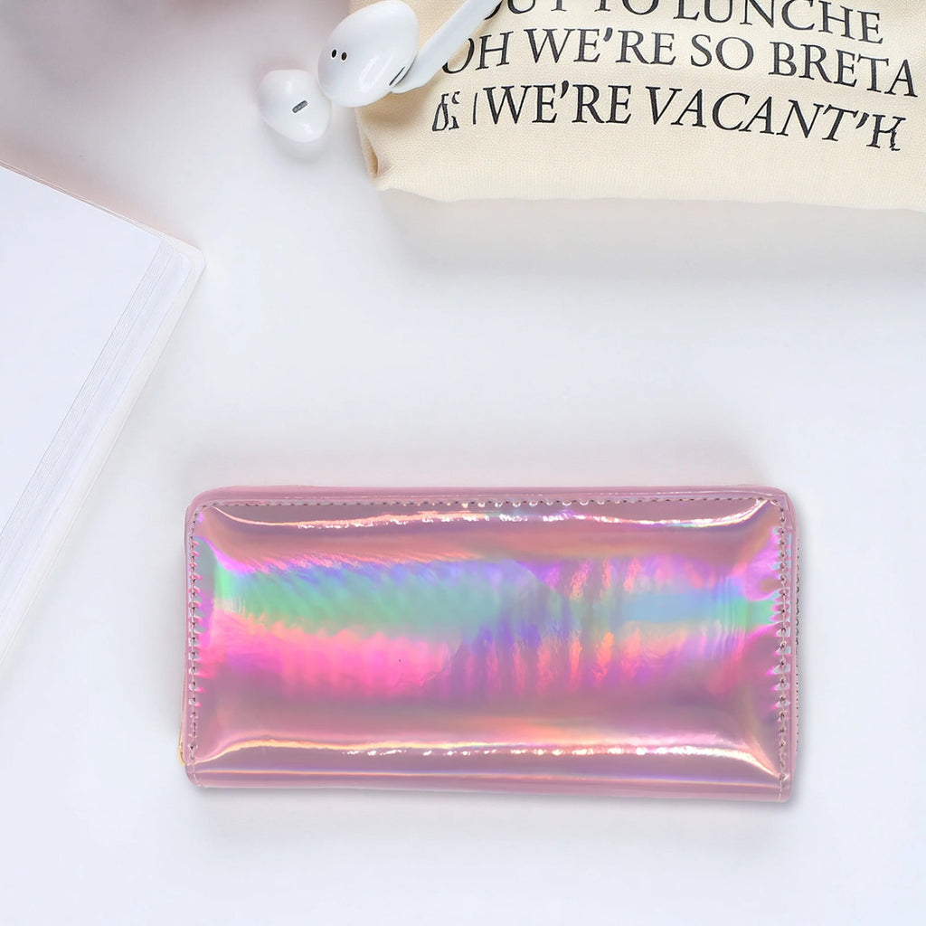 Pink Rainbow Laser Design Wallet, Long Iridescent PU Leather Clutch with Zipper, Slim Card Holder Purse for Women, 7.5 x 3.9 x 0.9 in / 19 x - Image 2