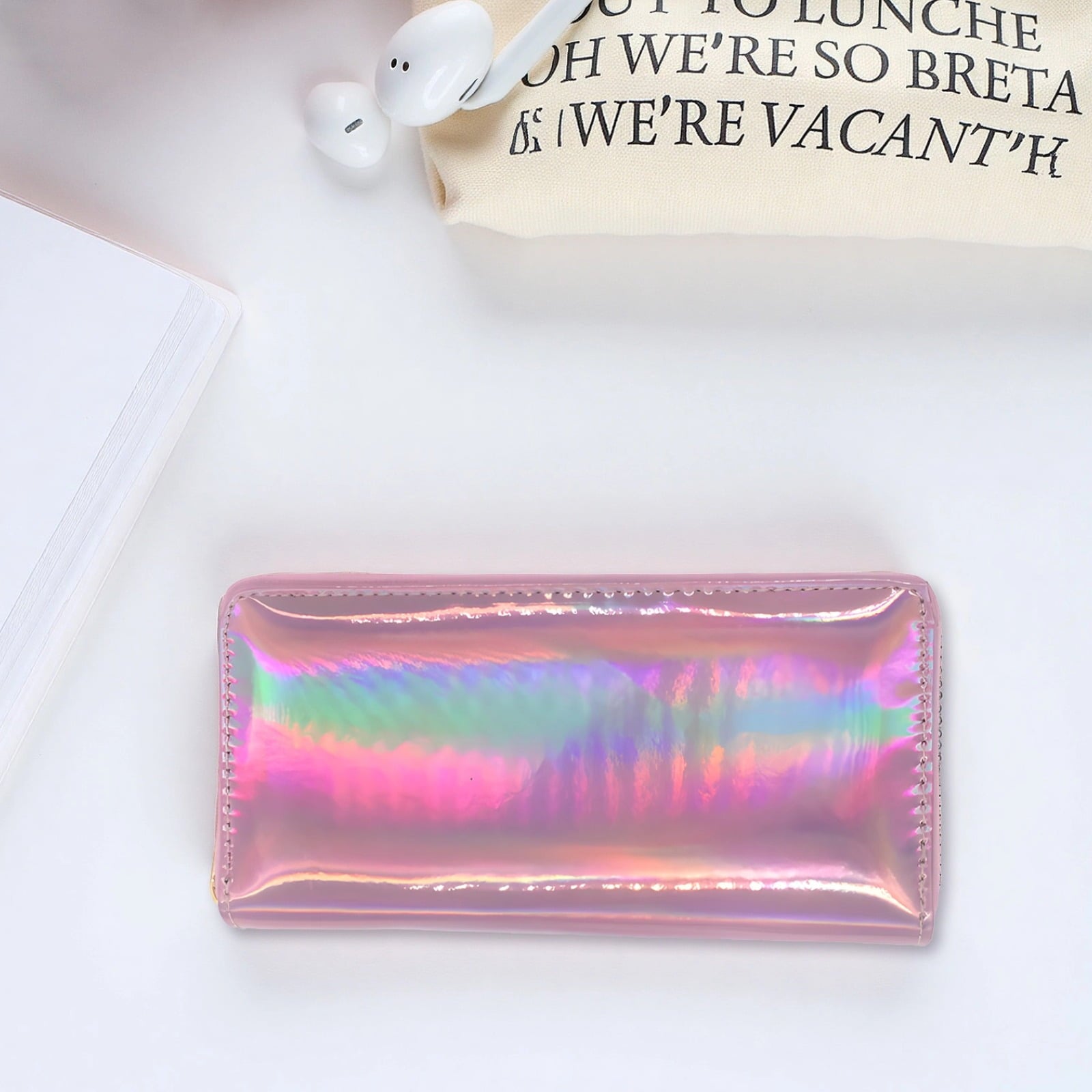 Pink Rainbow Laser Design Wallet, Long Iridescent PU Leather Clutch with Zipper, Slim Card Holder Purse for Women, 7.5 x 3.9 x 0.9 in / 19 x - Image 2