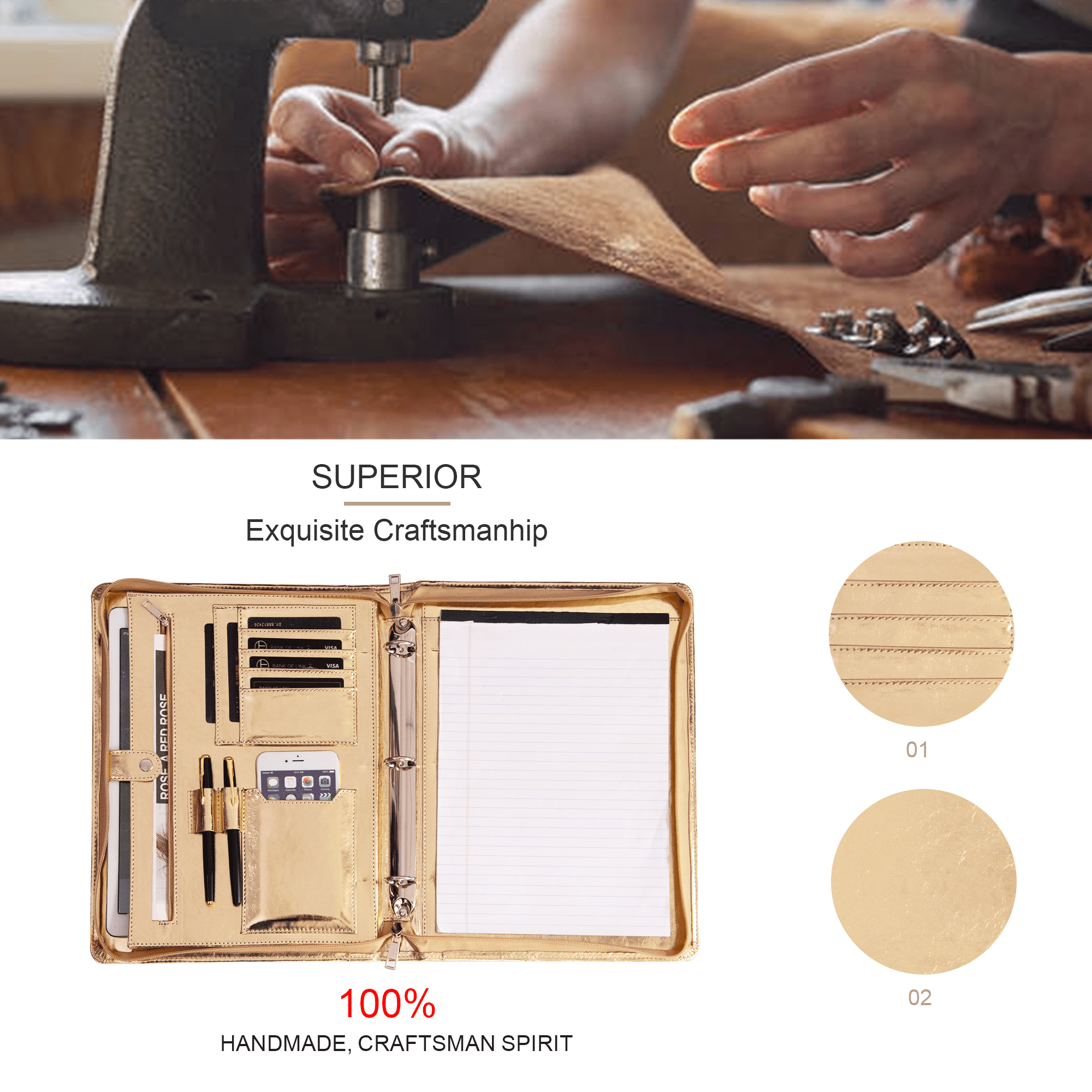 Spotlight Golden Portfolio 3 Ring Binder, Vegan Leather Portfolio Binder with Zipper, Business Padfolio Organizer Notepad Holder,Folder with - Image 2
