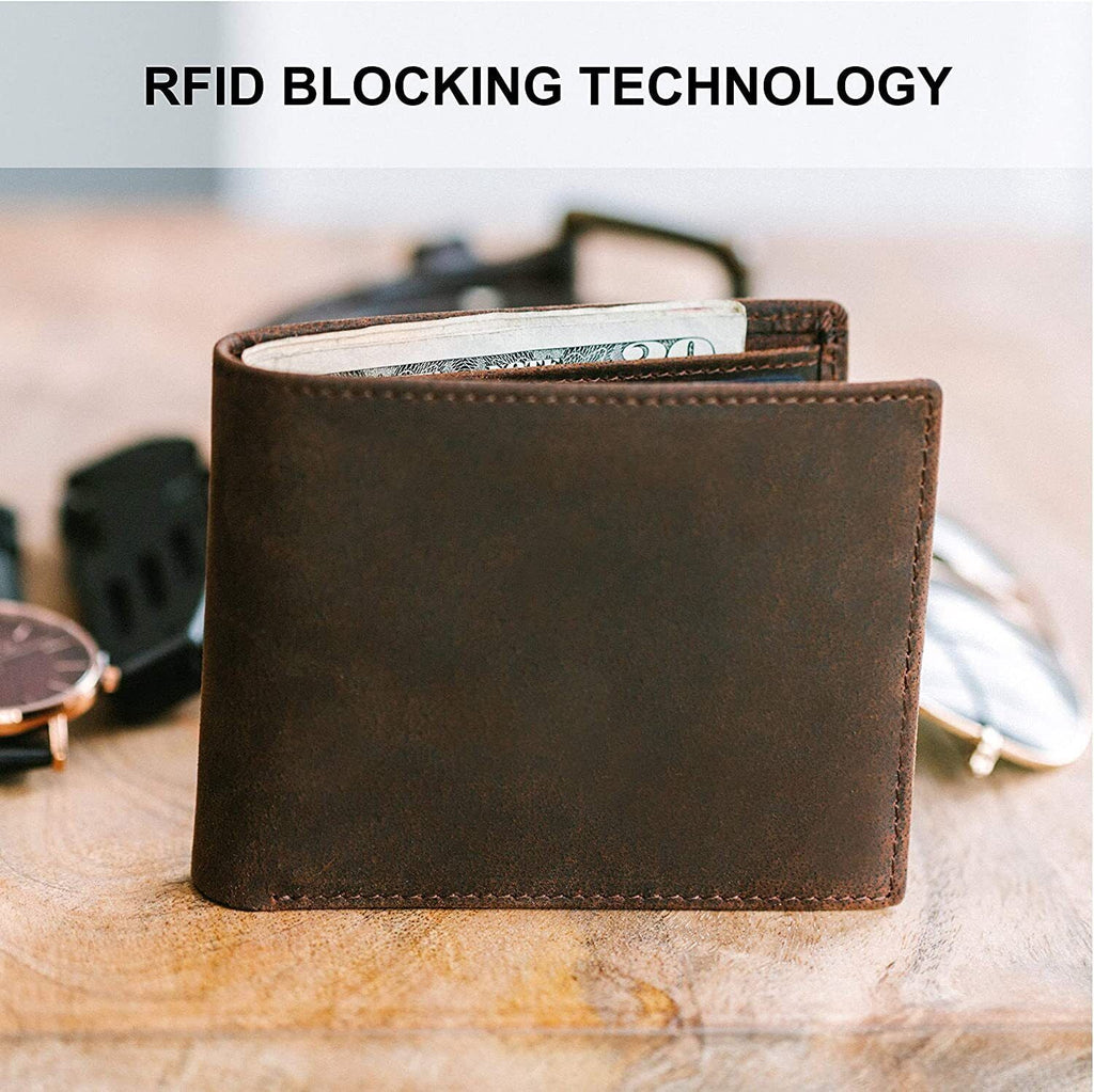 RFID Blocking Full Grain Crazy Horse Genuine Leather Men's Bifold Center Flap Wallet - Image 3