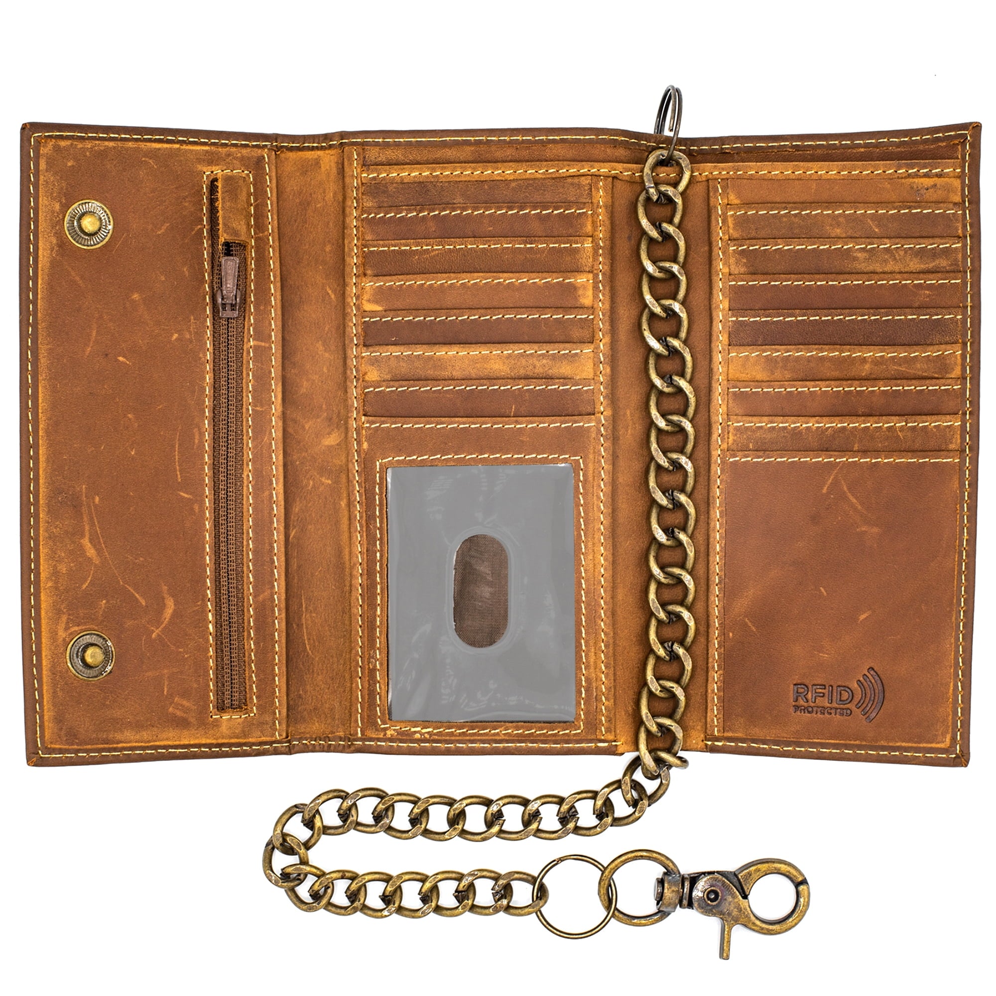 Long Trifold RFID Blocking, Credit Card Money Organizer, Top Bill Slot, Leather Biker Trifold Chain Wallet Long Check... - Image 5