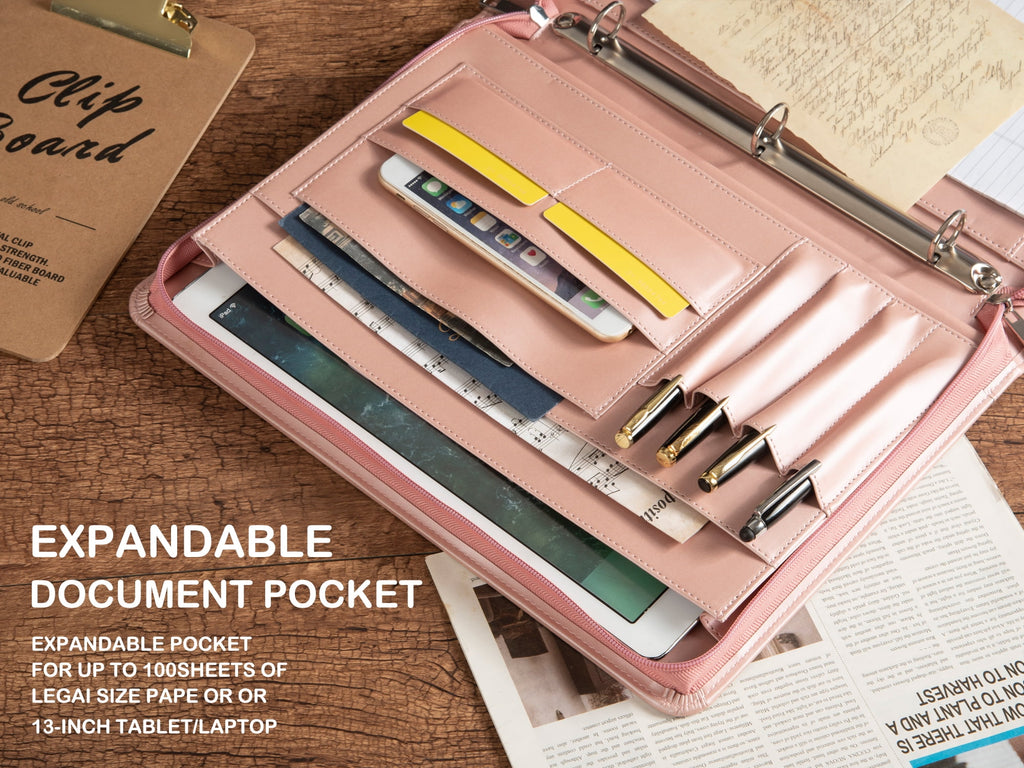 Portfolio 3 Rings Binder,Zipper PU Leather Padfolio, Business Organizers with A4 Legal Pads, Gift for Him Pink - Image 3