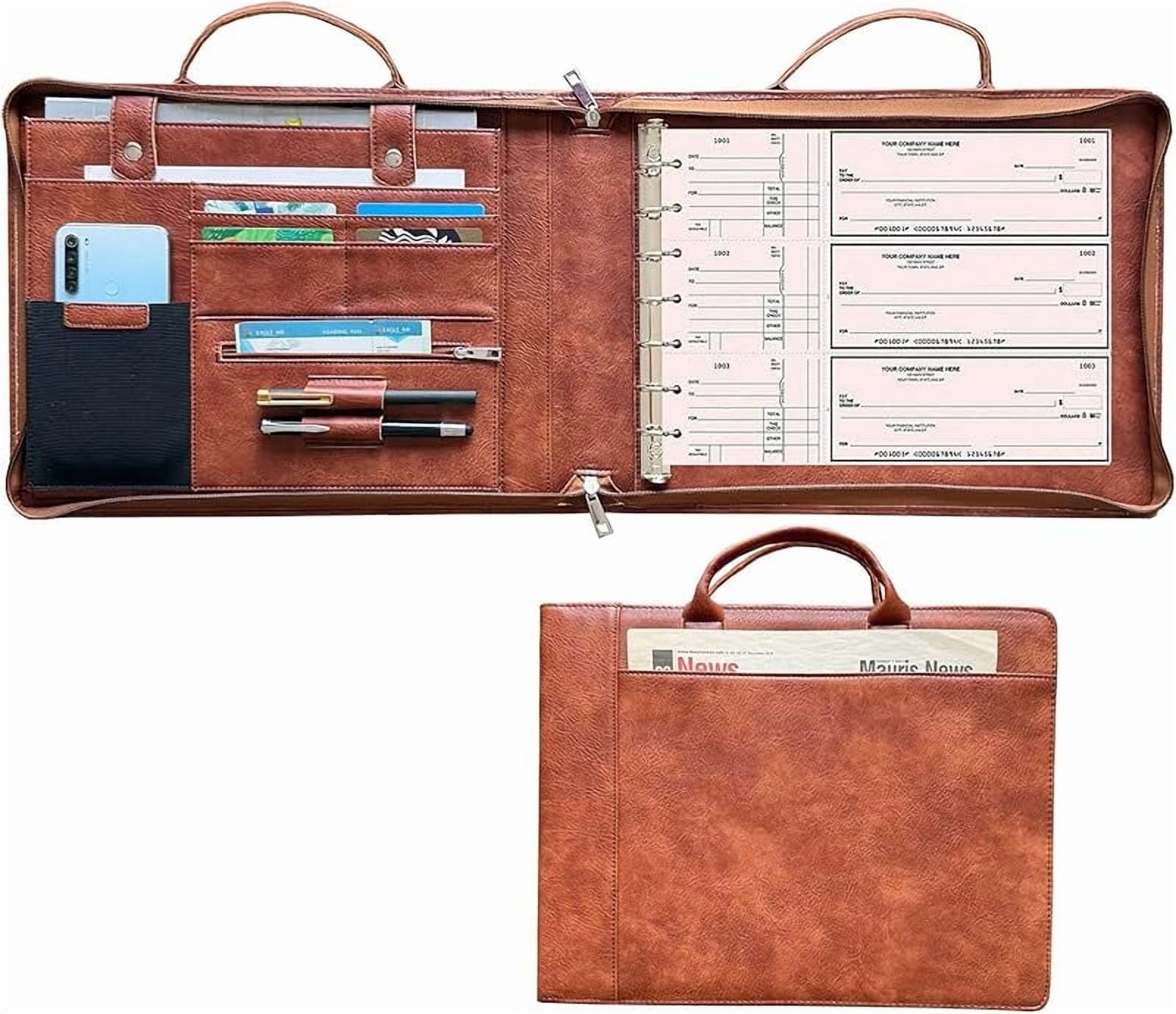 7 Ring Check Binder Vegan Leather Portfolio for 3-Up Business Size Checks, with Handle and Zippered Briefcase with 500 Check Capacity，9 x 13