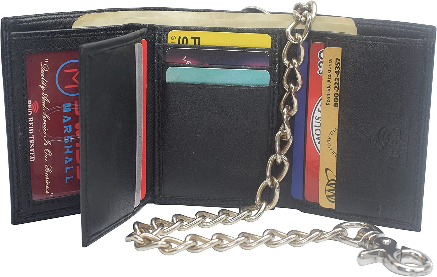 Swiss Marshall Men's RFID Blocking Premium Leather Chain Trifold Wallet Black with 15 inch Nickle Chain - Image 3