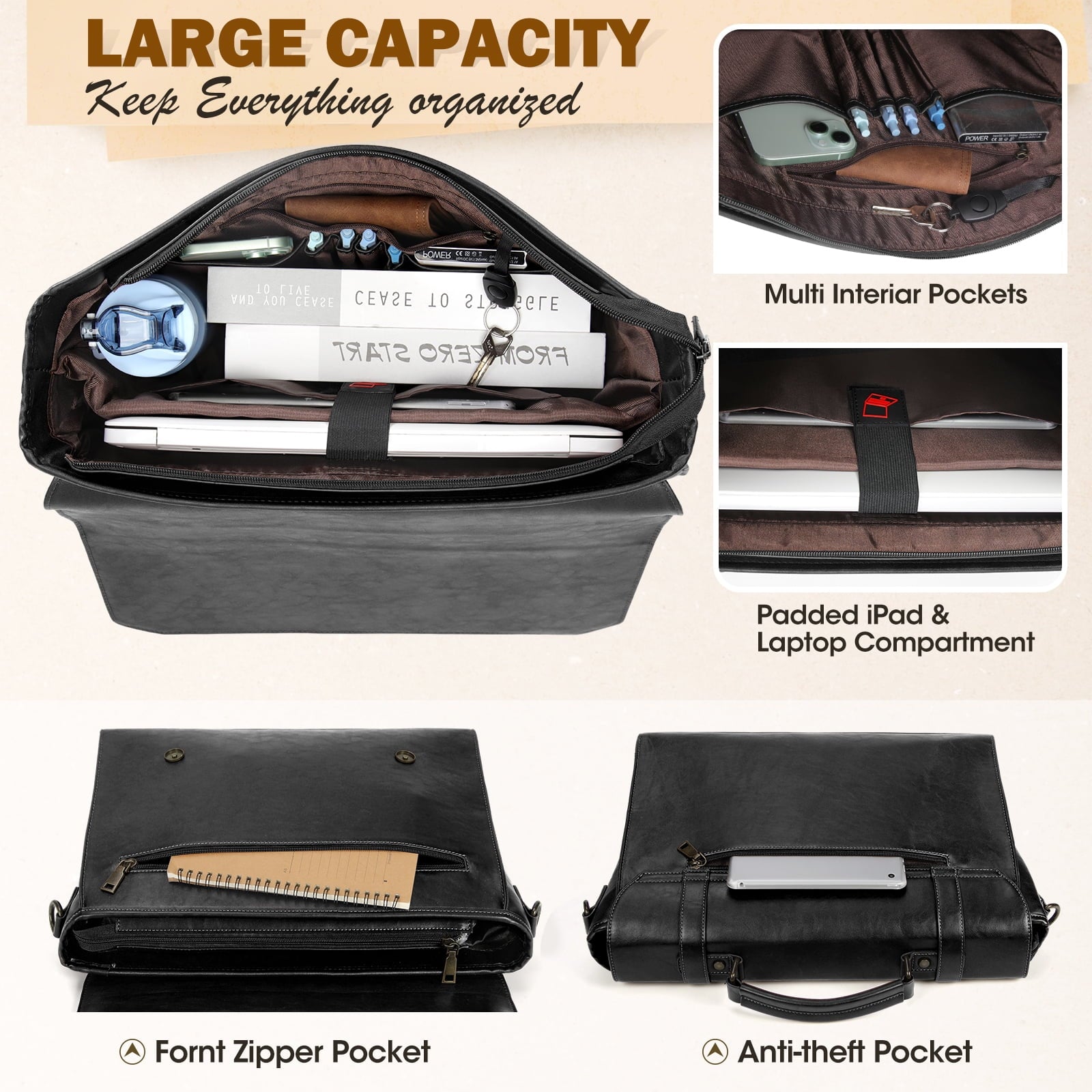 17 Inch Waterproof Vintage Leather Laptop Briefcase Large Laptop Satchel Computer Shoulder for Office Business Travel... - Image 6