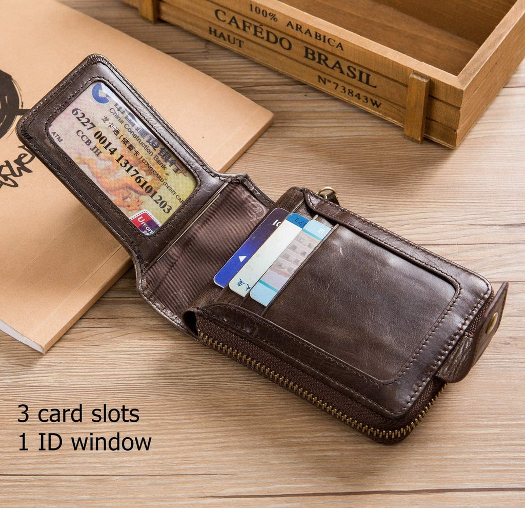 BULLCAPTAIN Men Zipper Around Wallet Genuine Leather RFID Blocking Bifold Large Capacity Coin Purse with ID Window (Black) - Image 2