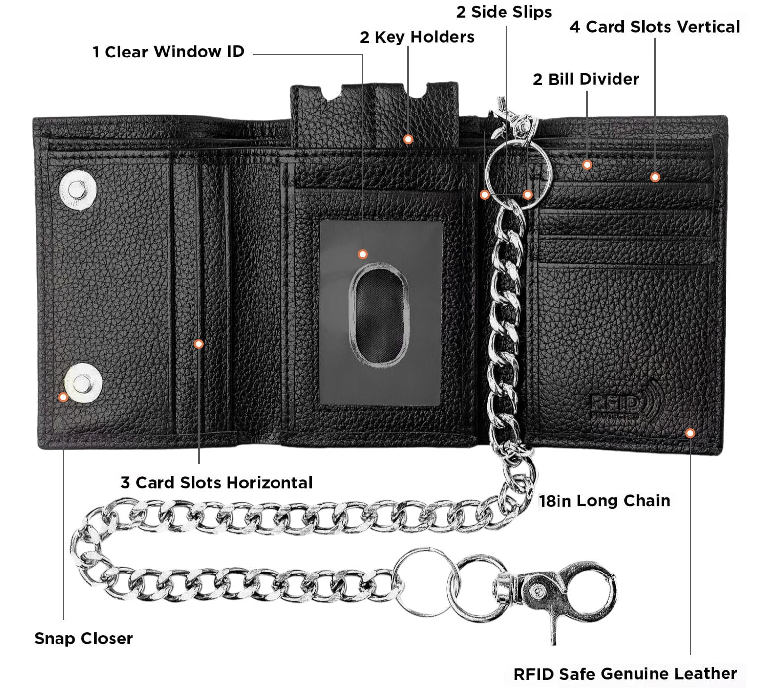 Black Real Leather Wallet Classic Wallet Chains RFID Wallet for Men with Card Slots & Key Holder - Image 5