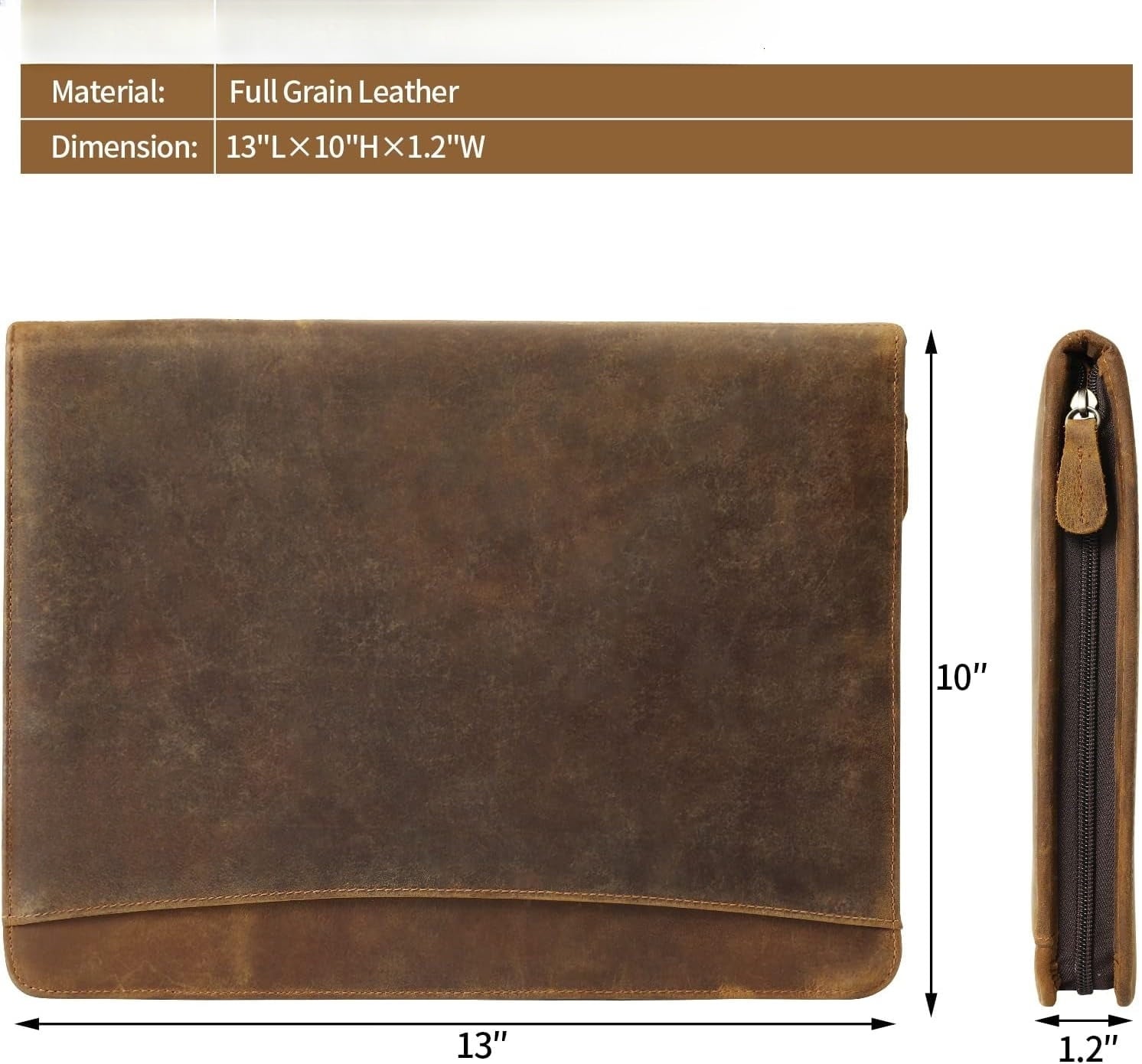 Genuine Leather Zipper Briefcase for Men and Women, Business Resume Folder Organizer, Brown - Image 4