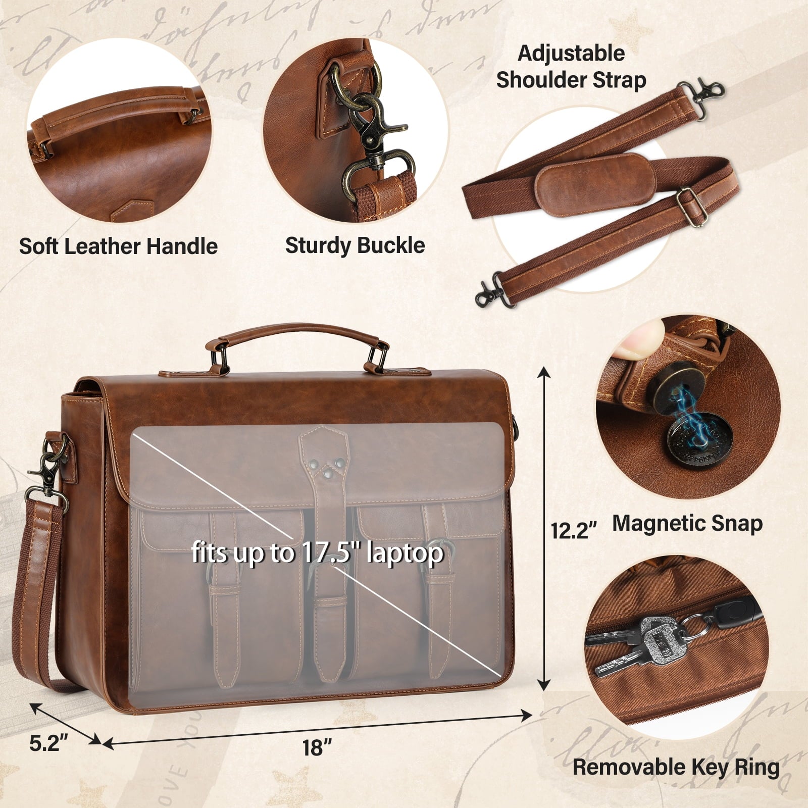 Messenger Bag for Men 15.6 Inch Laptop Bag Leather Briefcase Large Waterproof Satchel Bag Computer Shoulder Bag for Office Work College, Bro - Image 5
