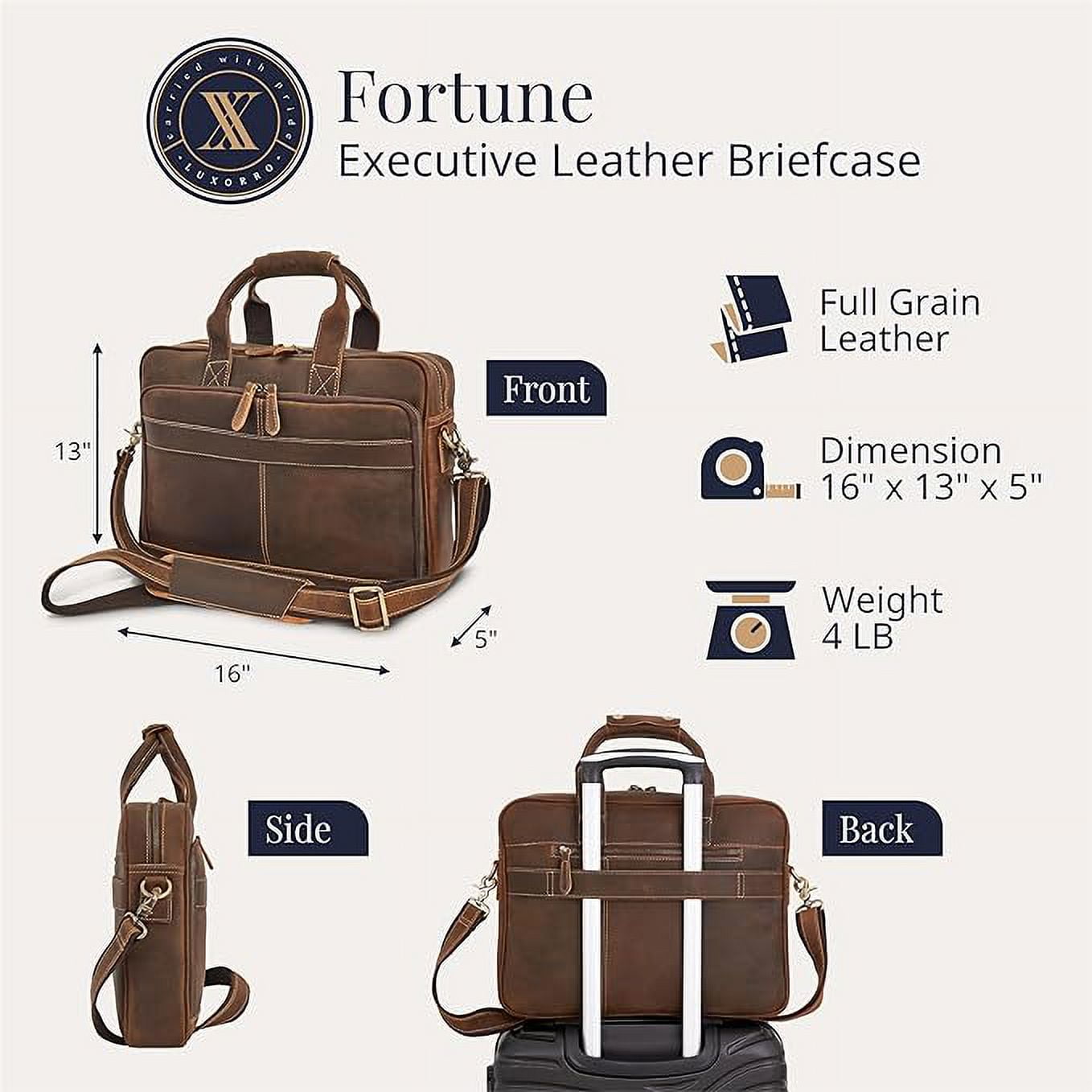Full-Grain Leather Laptop Briefcase For Men, Leather Bag, Leather Computer Bag For Men - Dark Brown - Image 2