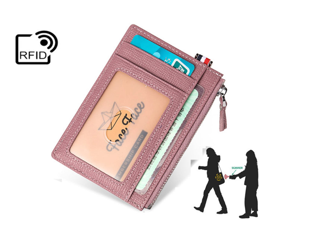 Genuine Leather Slim Minimalist Wallet with Zipper, Saffiano Leather Credit Card Holder Front Pokcet ID Badge Case Ho... - Image 6