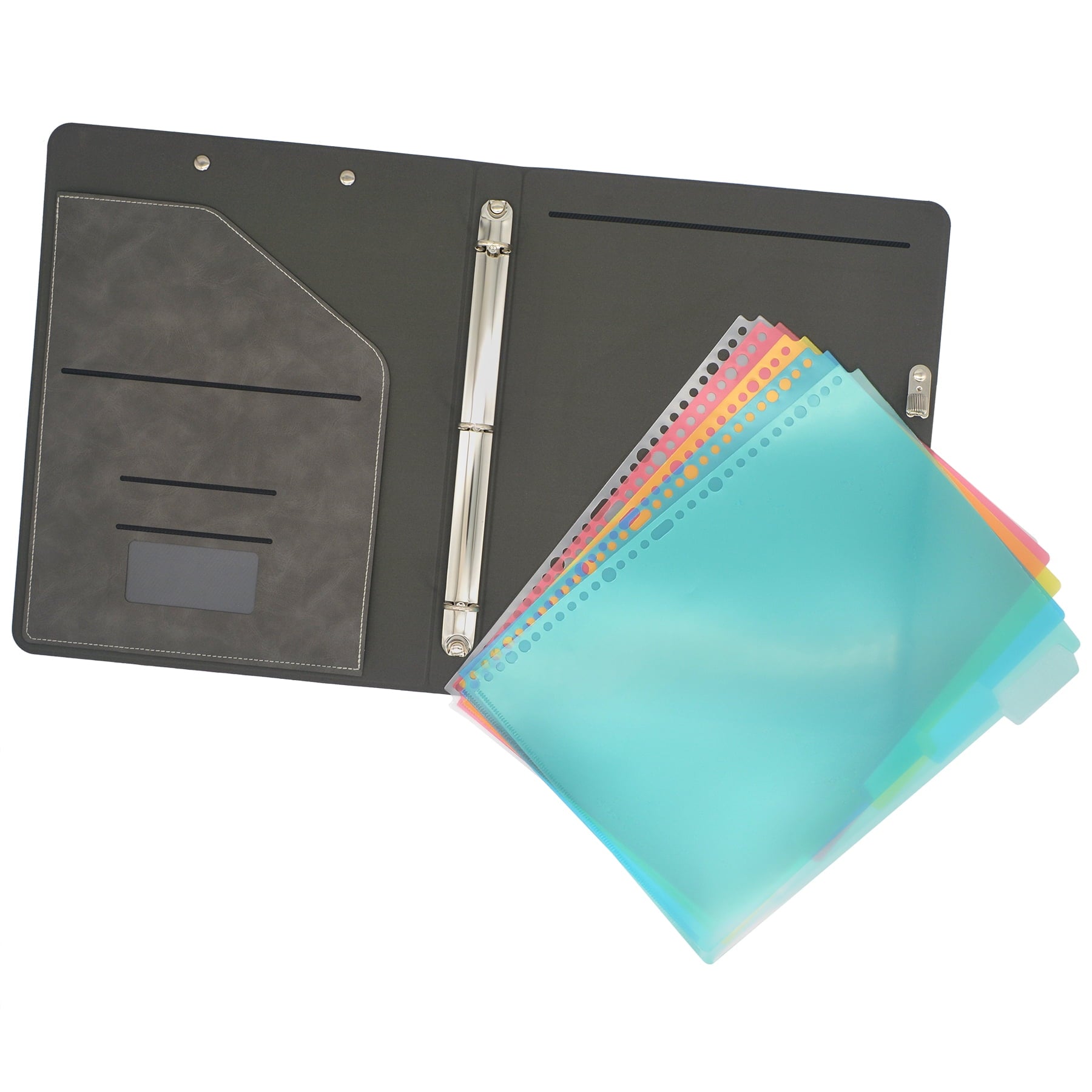 3 Ring Binder Padfolio Clipboard Case with Color File Folders, PU Leather Padfolio Ring Binder with Clipboard - Image 4
