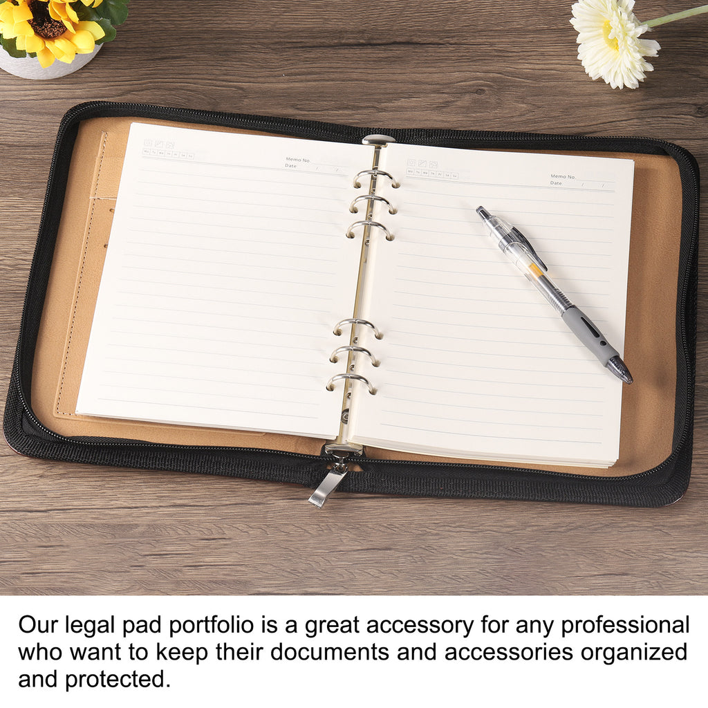 A5 Business Portfolio PU Leather Padfolio Organizer Legal Document Folder Zipper Professional, Black - Image 5