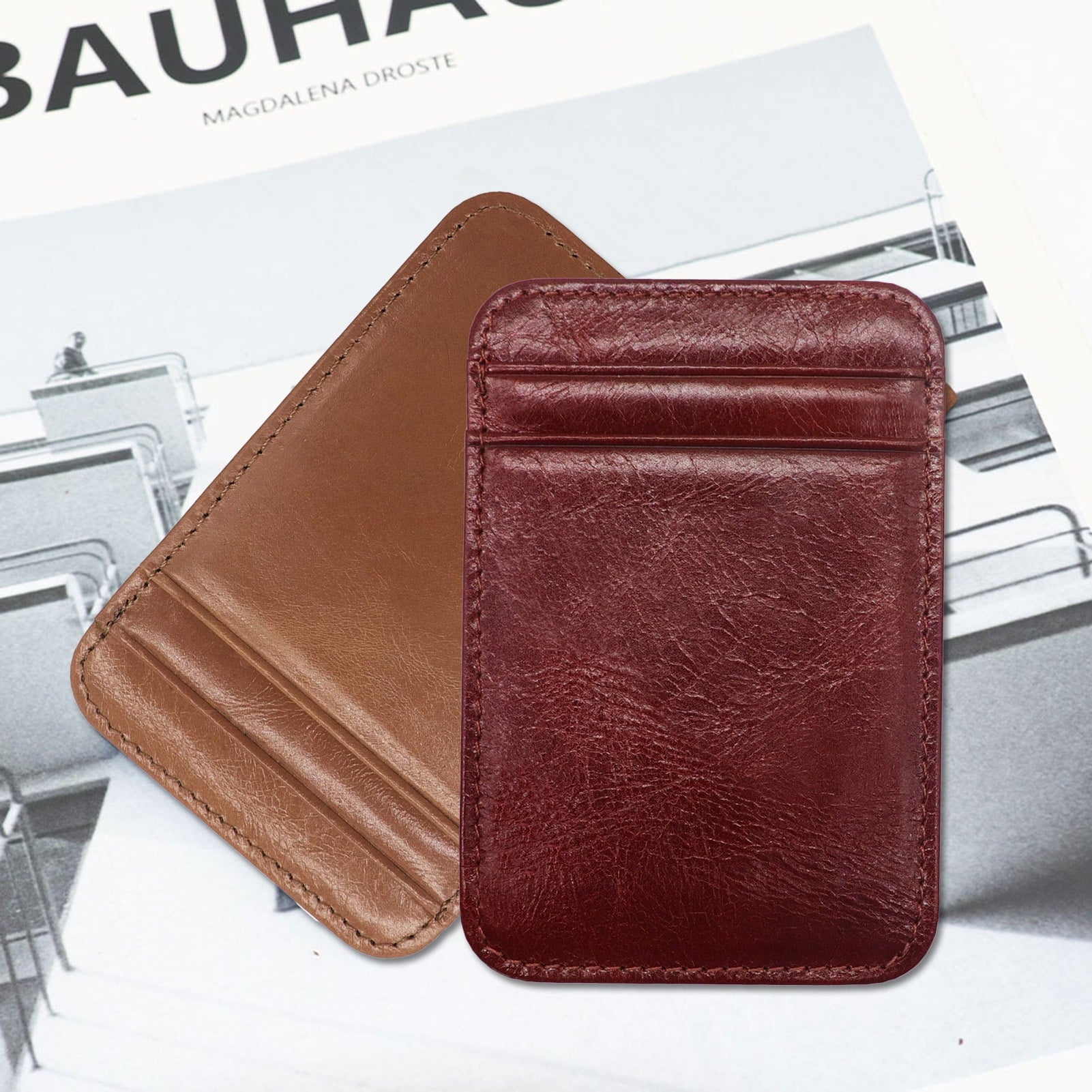 Card Holder Slim Small Wallet Faux Leather Solid Color Driver's License Credit Card Case Business Use Black - Image 4