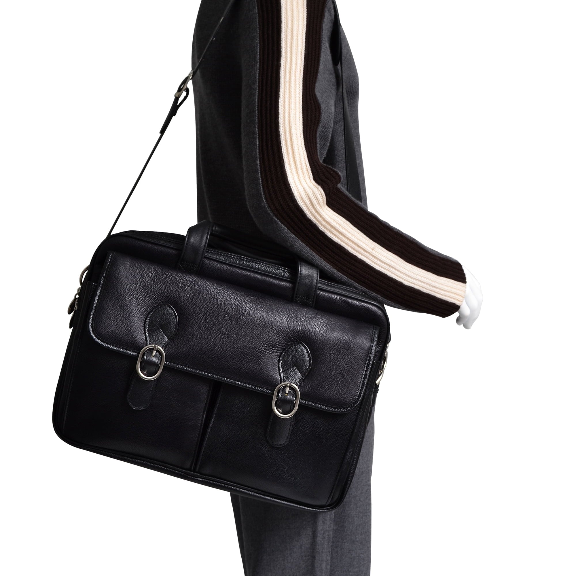 Double Compartment Laptop Briefcase, Top Grain Cowhide Leather, Black - Image 4