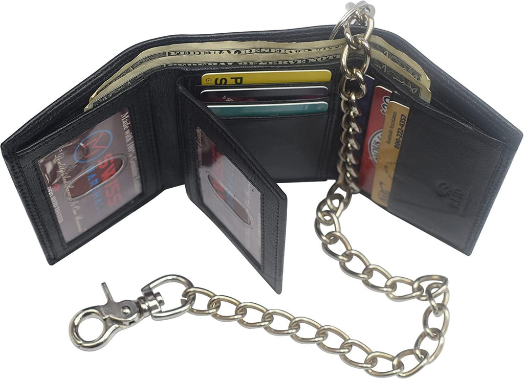 Swiss Marshall Men's RFID Blocking Premium Leather Chain Trifold Wallet Black with 15 inch Nickle Chain - Image 5