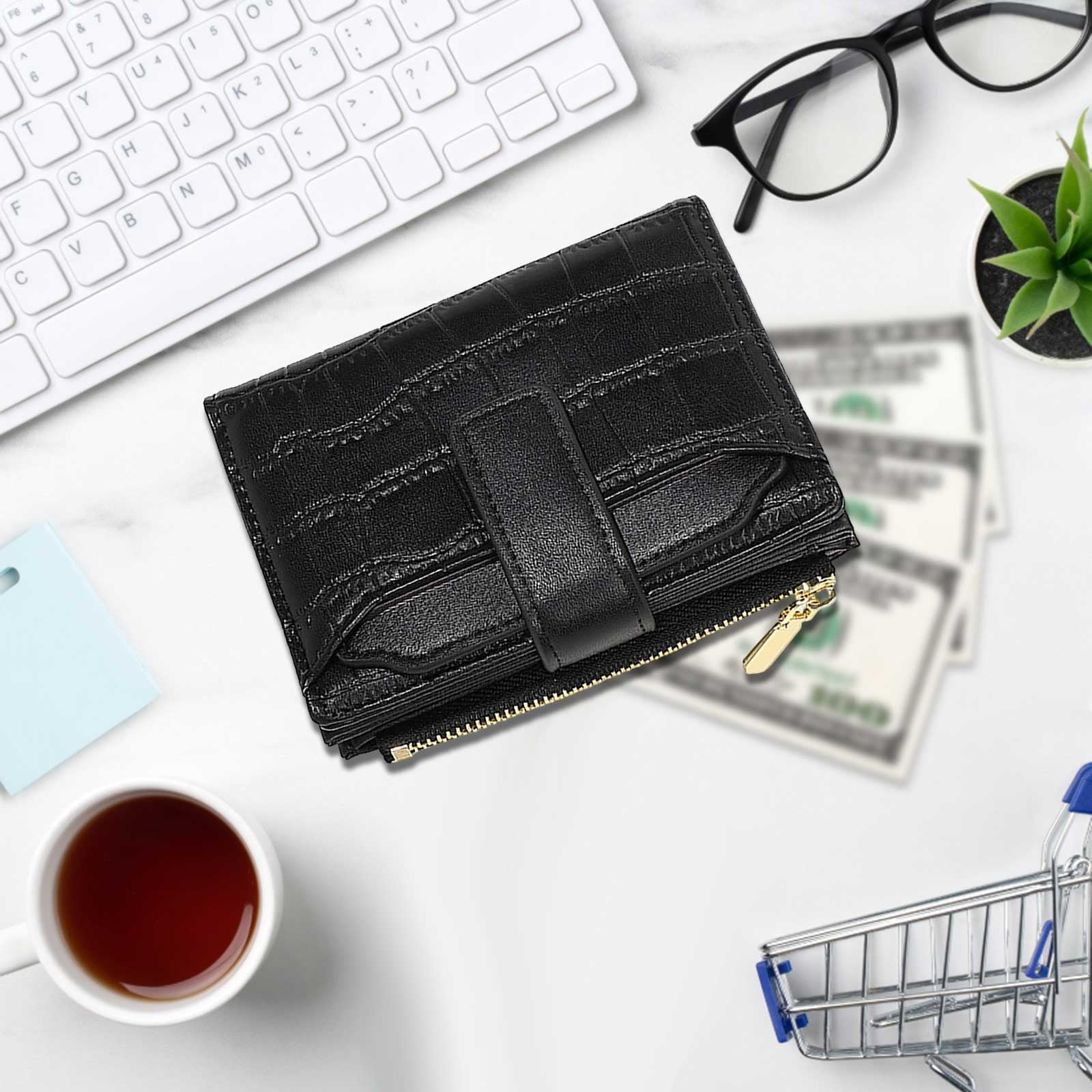 Women's Small Bifold Wallet, Compact PU Leather Credit Card Holder with Zipper Coin Pocket, Multi-Slot Slim Wallet for Cash, Cards, and Lips - Image 6