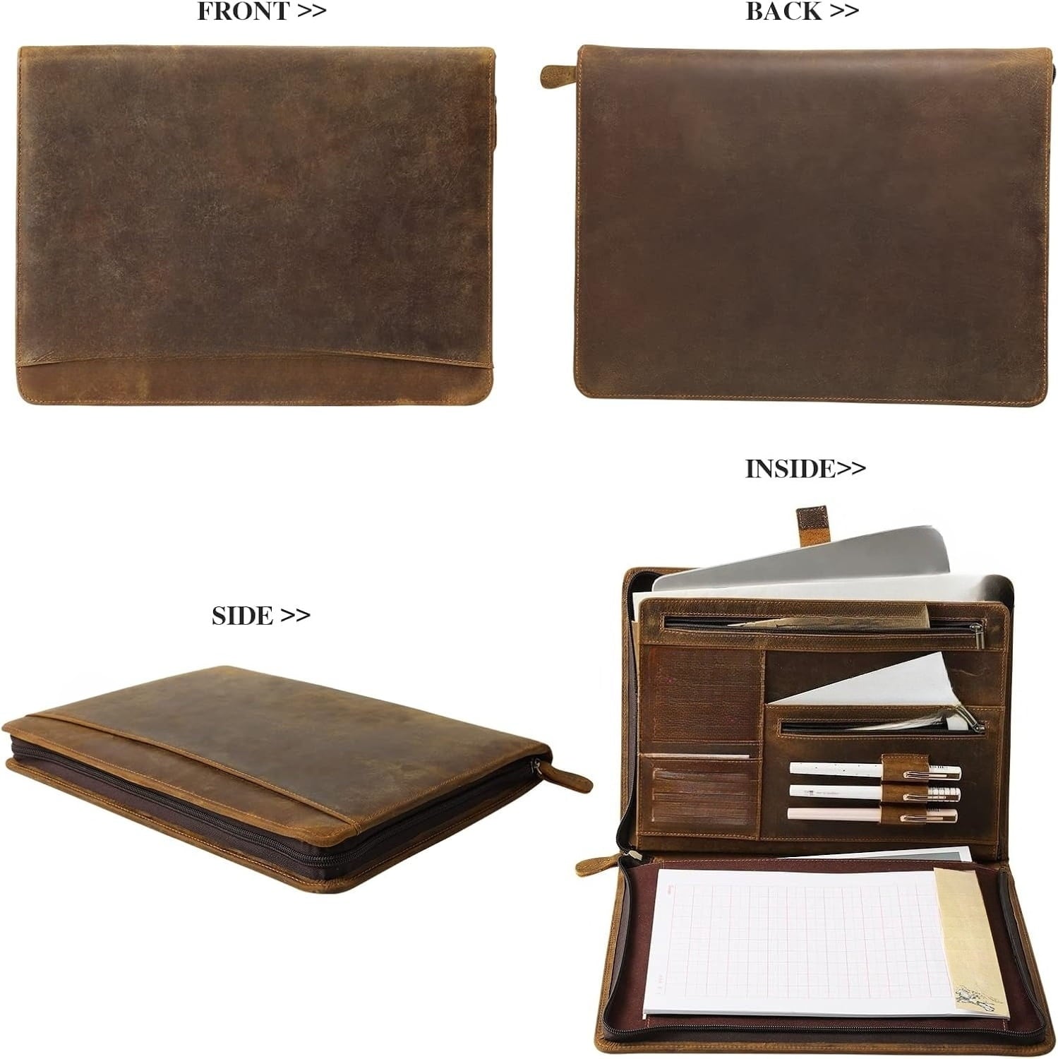 Genuine Leather Zipper Briefcase for Men and Women, Business Resume Folder Organizer, Brown - Image 3