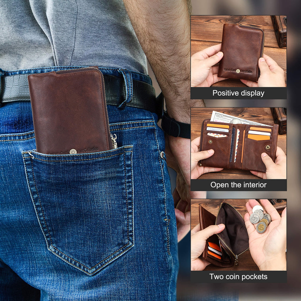 Men's RFID Blocking Billfold Wallet, Genuine Leather Vintage Wallet with Zipper Coin Pocket, Valentine Gift,Coffee - Image 5