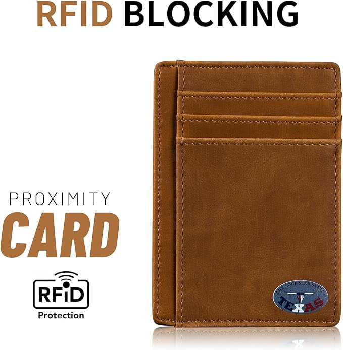 Texas Long Horn on Cardholder Slim Front Pocket Wallet, PU Leather, Khaki, Card Holder, RFID Blocking with Texas Souv... - Image 4