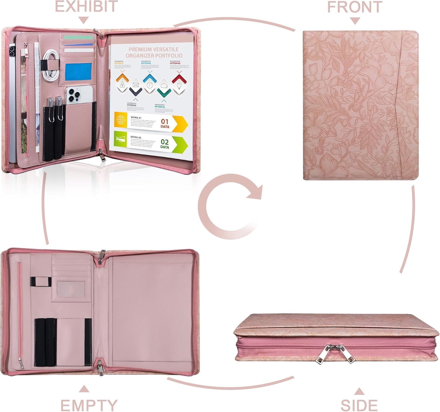 Embossed PU Leather Portfolio for Women,Professional Organize 3-Ring Padfolio with A4 Notepad Holder,Professional Business Document Organize - Image 2