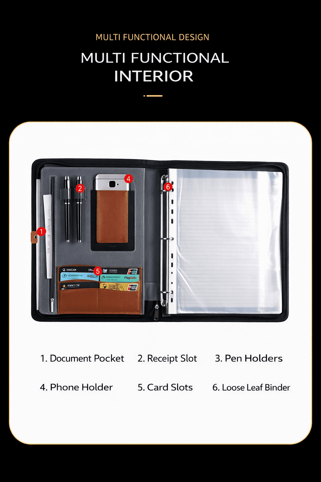 Wason A4 Portfolio Folder with Zipper, PU Leather Padfolio Organizer, Business Document Organizer with Multiple Pockets, Waterproof Resume F - Image 2