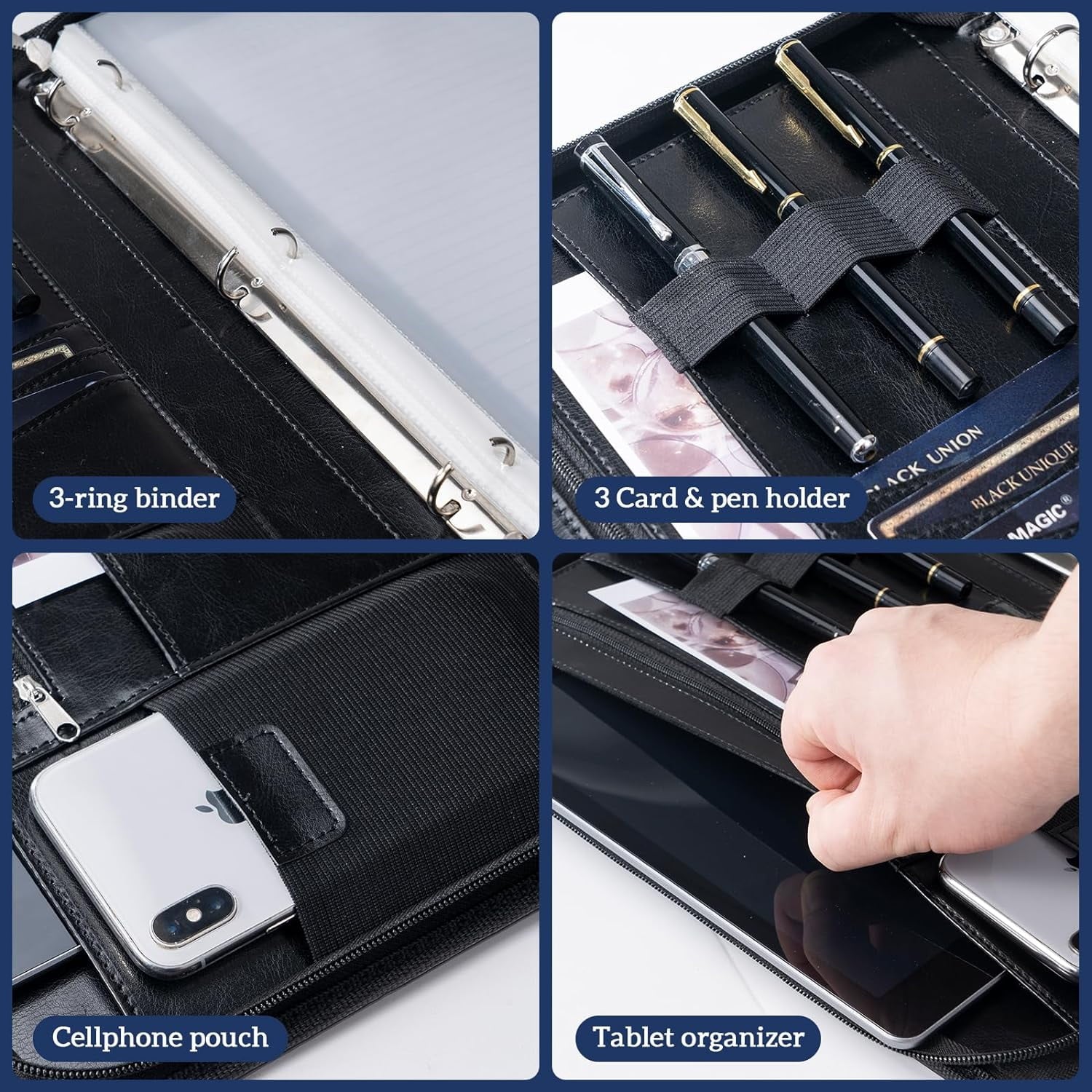 Portfolio 3-Ring Padfolio Folder Organizer, PU Leather Business Planner A4 Notepad Zipper File Binder Clipboard Remov... - Image 5