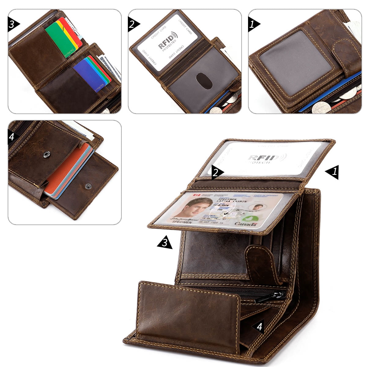 Trifold Billfold RFID Blocking Cowhide Leather Wallet for Men 10 Card Slots 2 ID Windows with Coin Pocket, Coffee - Image 5