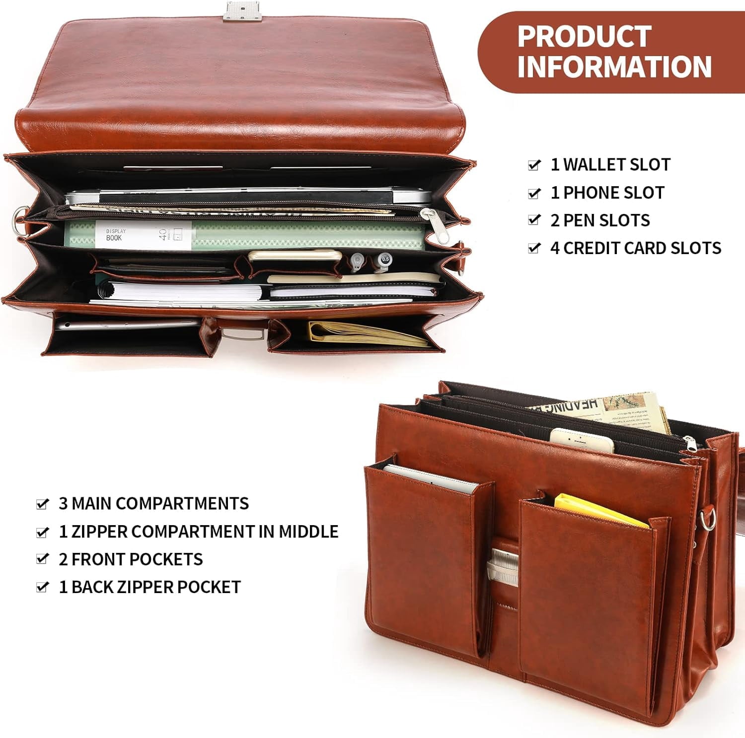 Mens New PU Leather Attache Briefcase Traditional Messenger Lawyer Bag - Image 3