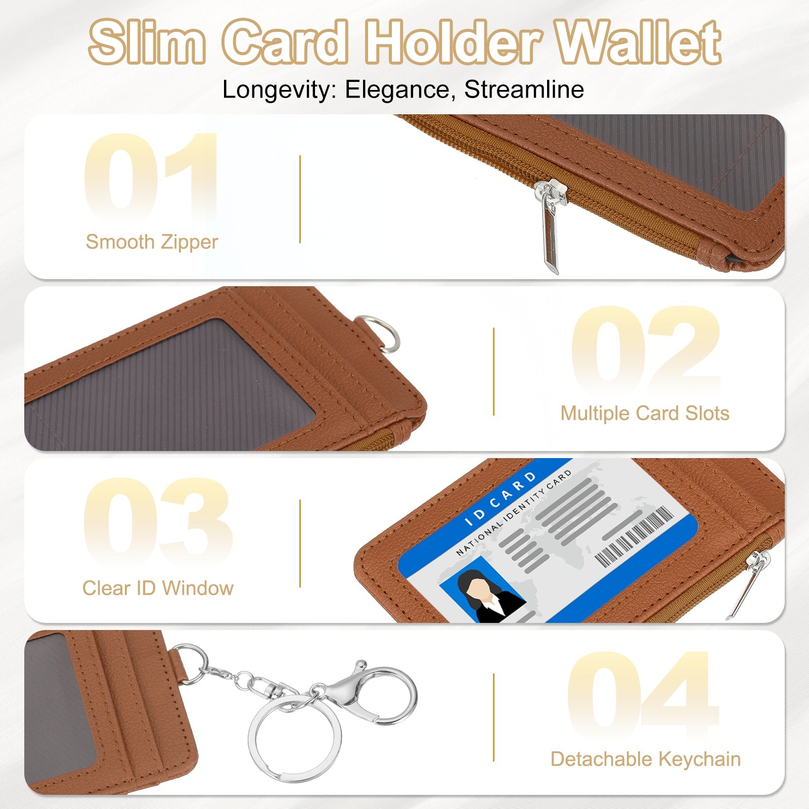 Slim PU Leather Card Holder Wallet with Keychain, Brown - Image 3
