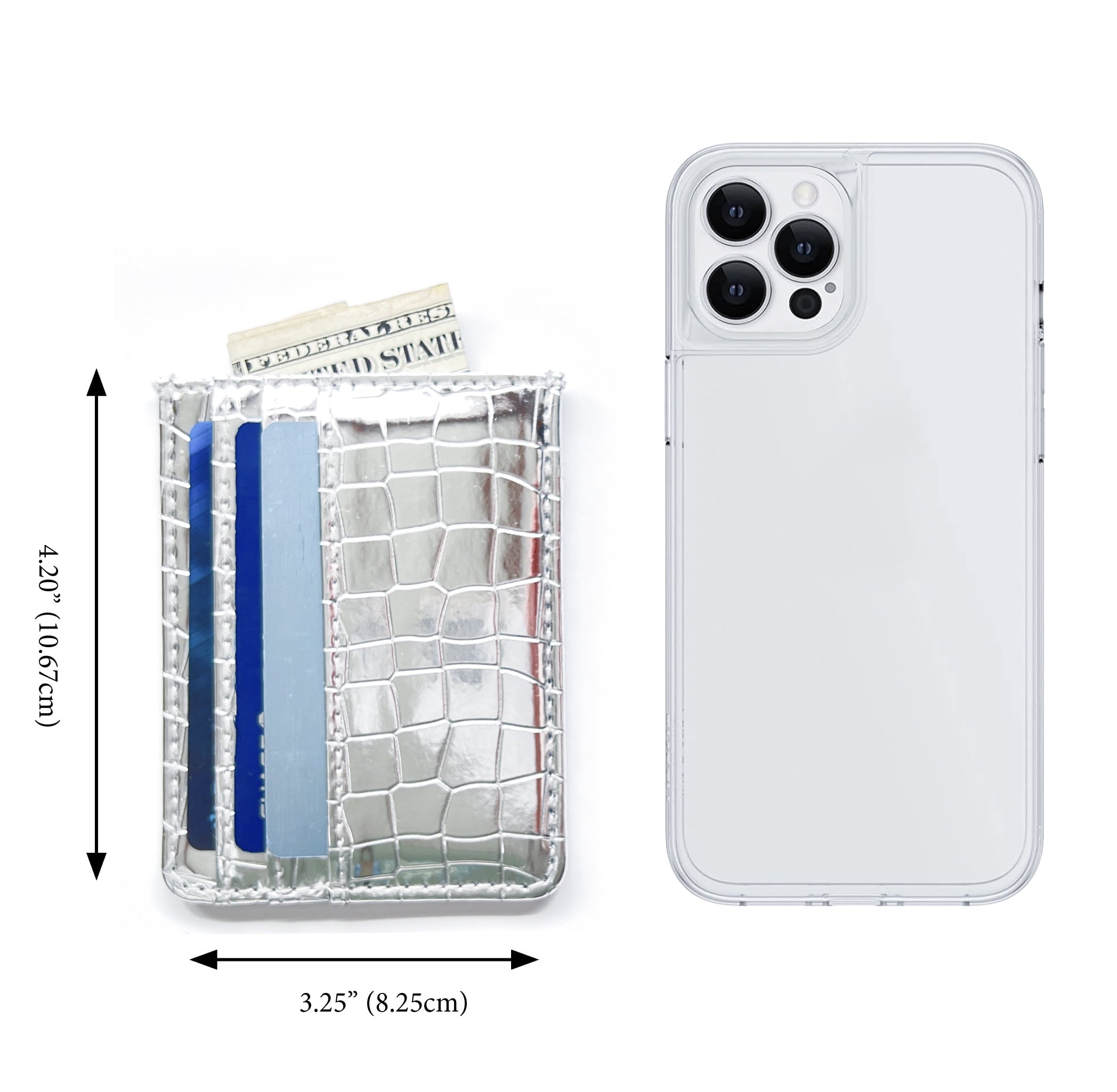 credit card holder slim design wallet in silver metallic faux leather crocodile pattern - Image 5