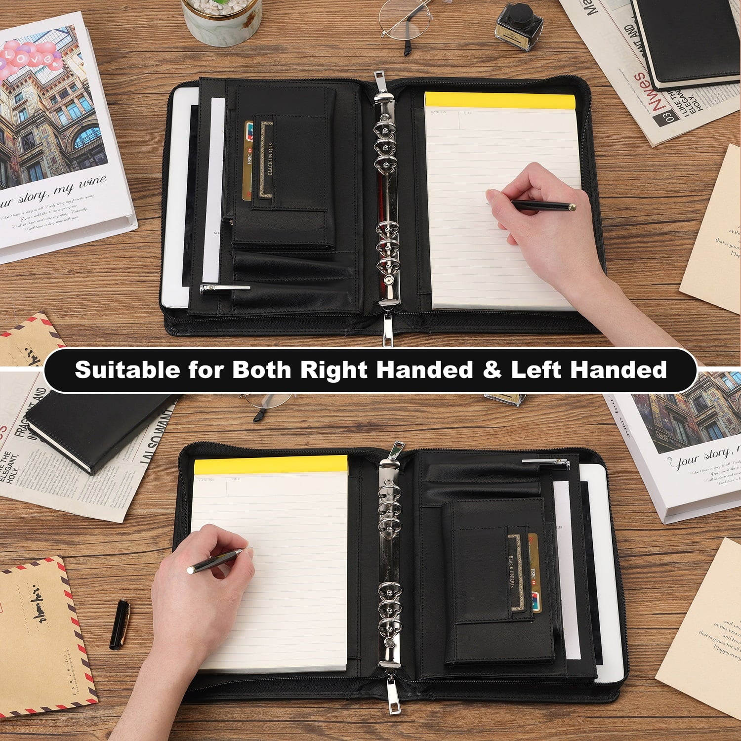 Zippered Leather Binder Padfolio , A5 Binder 6 Ring Vegan Leather Portfolio Folder, Professional Document with A5 Cli... - Image 4