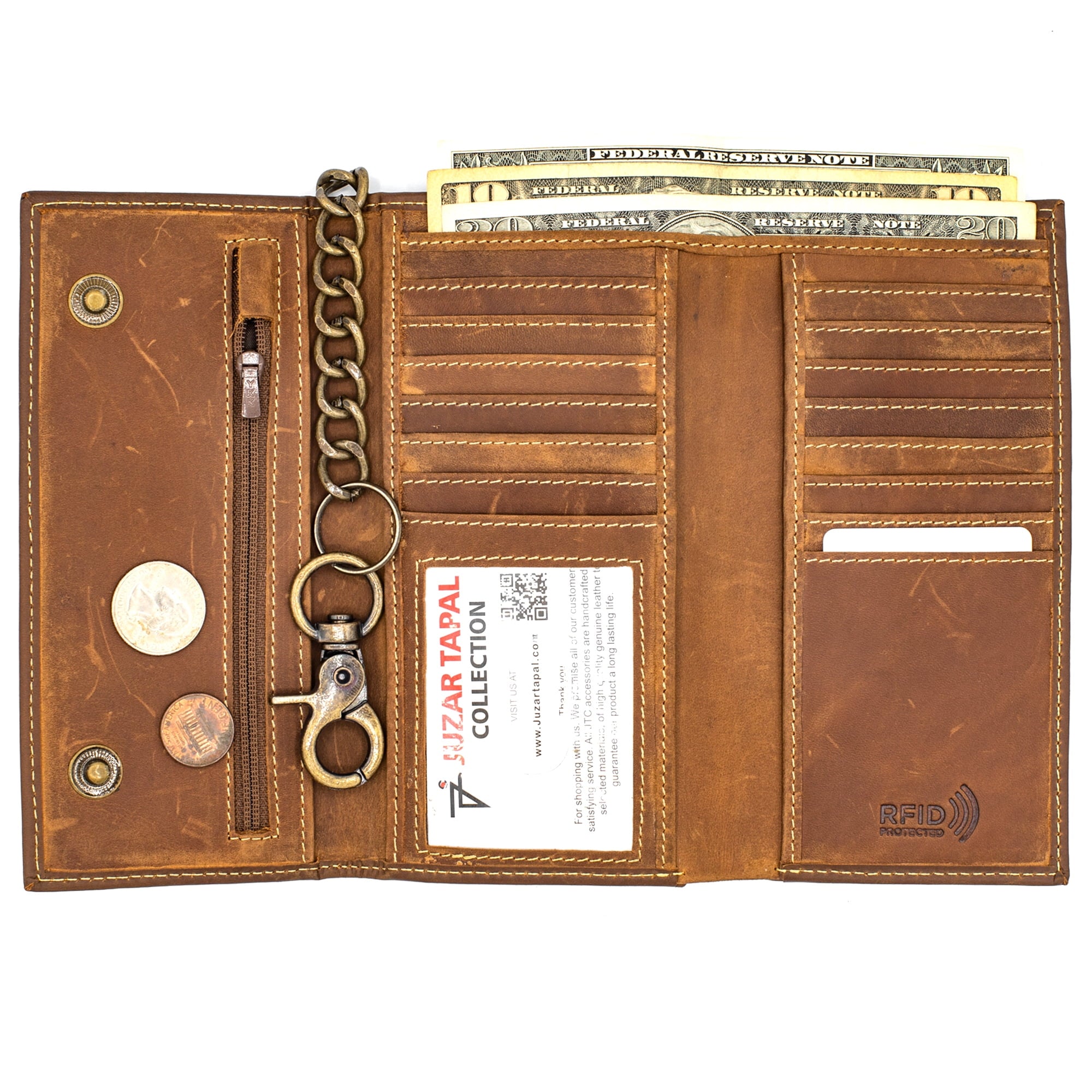 Long Trifold RFID Blocking, Credit Card Money Organizer, Top Bill Slot, Leather Biker Trifold Chain Wallet Long Check... - Image 4