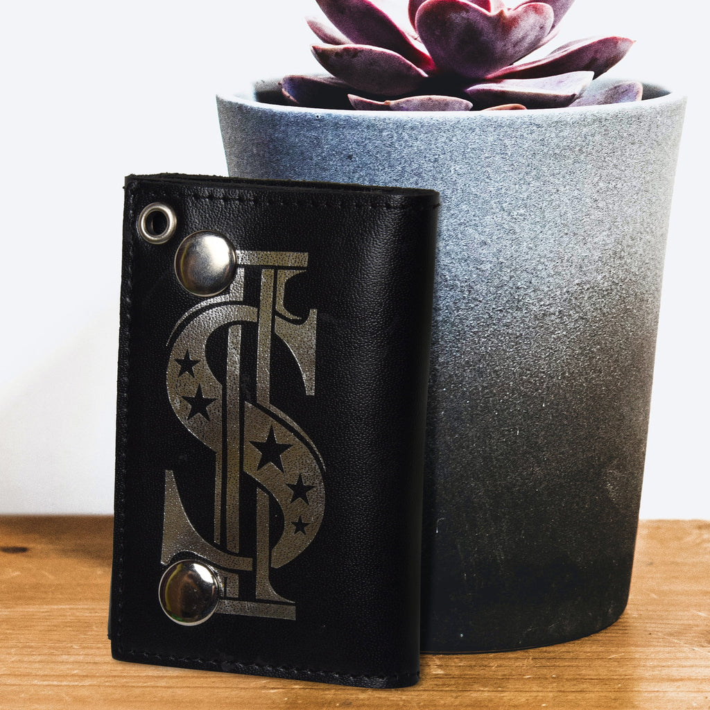 Genuine Leather Men Dollar Trifold Wallet Chain Biker, Black - Image 2