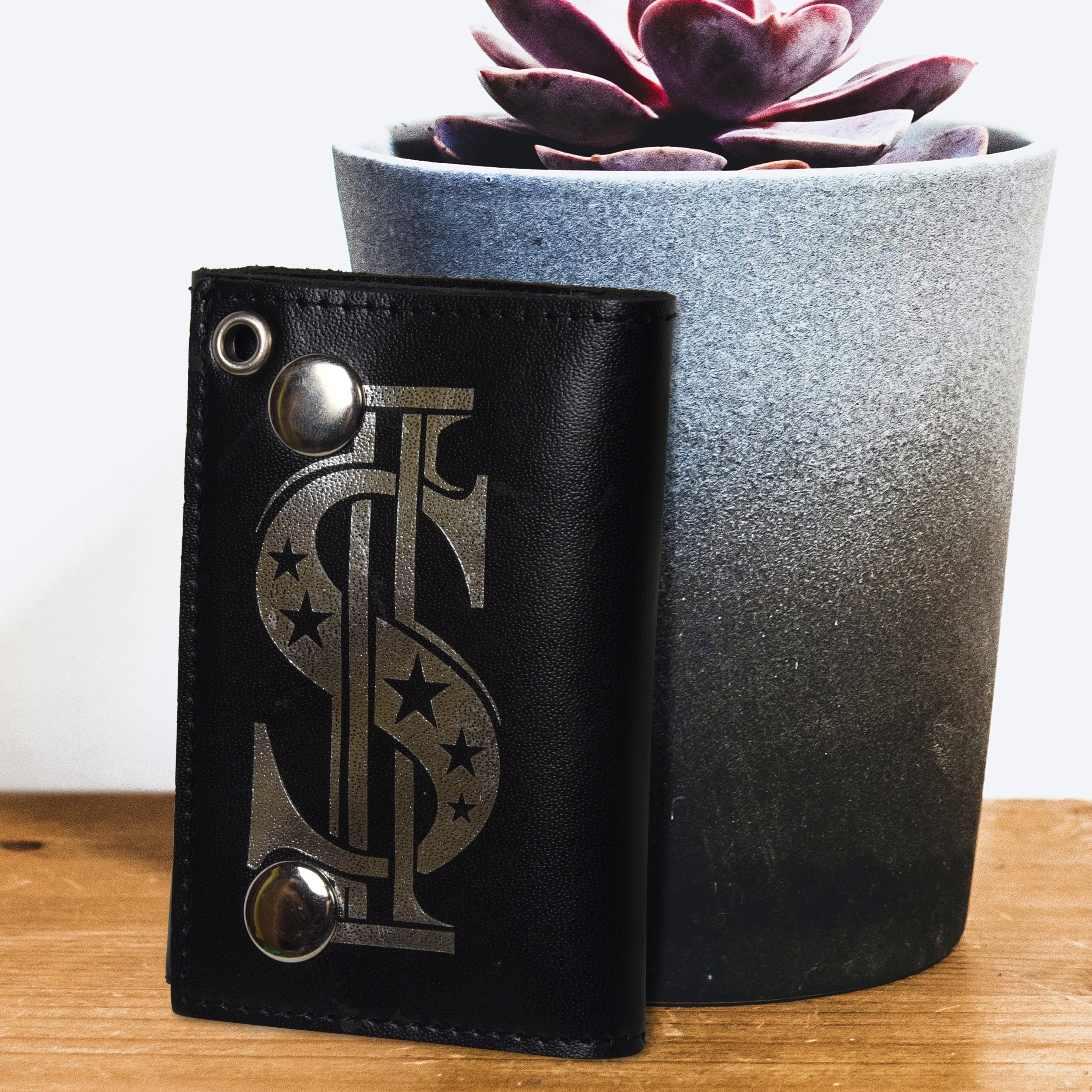 Genuine Leather Men Dollar Trifold Wallet Chain Biker, Black - Image 2