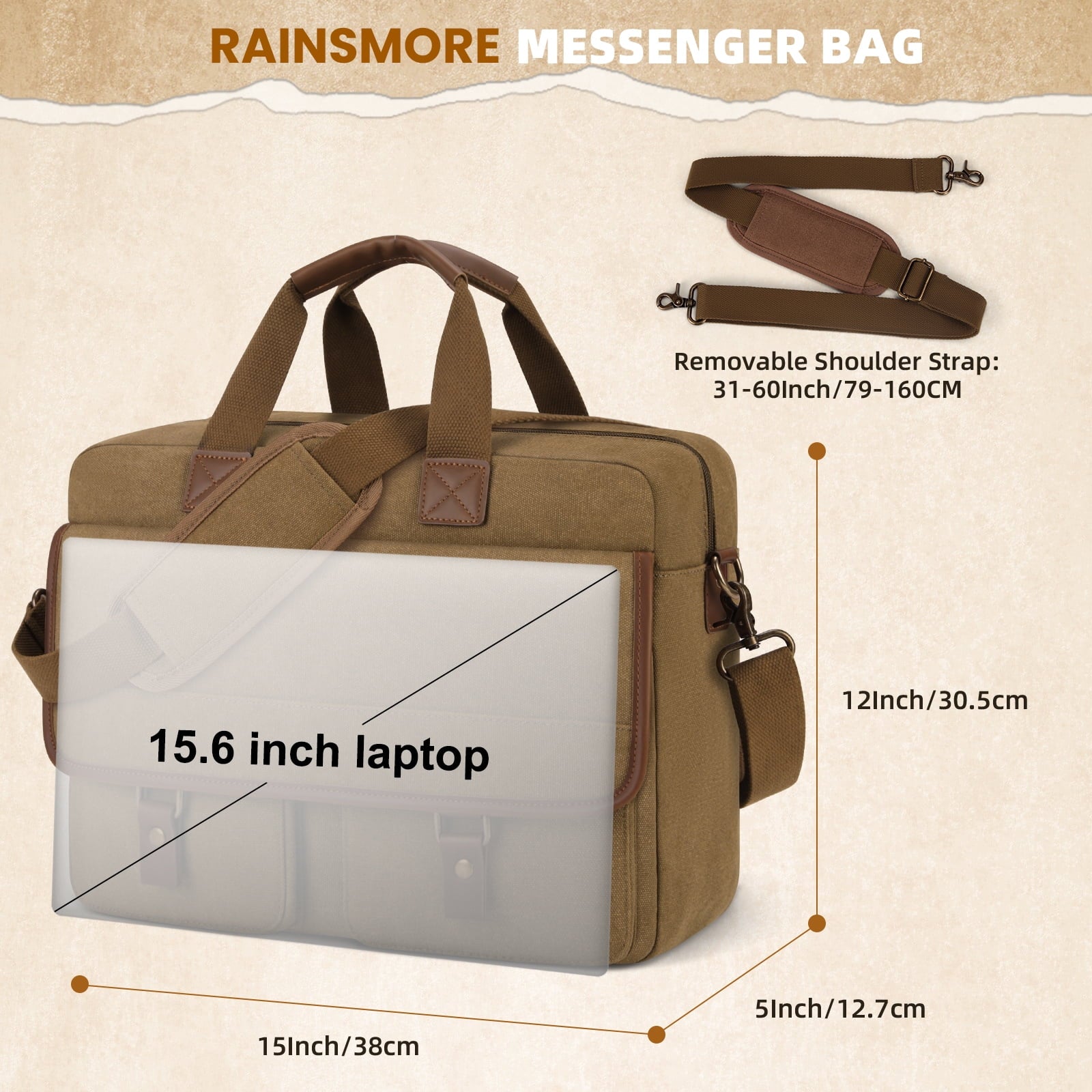 Large Canvas Messenger Bag for Men 15-inch Men's Satchels Crossbody Shoulder Bag Business Briefcase, Brown - Image 4