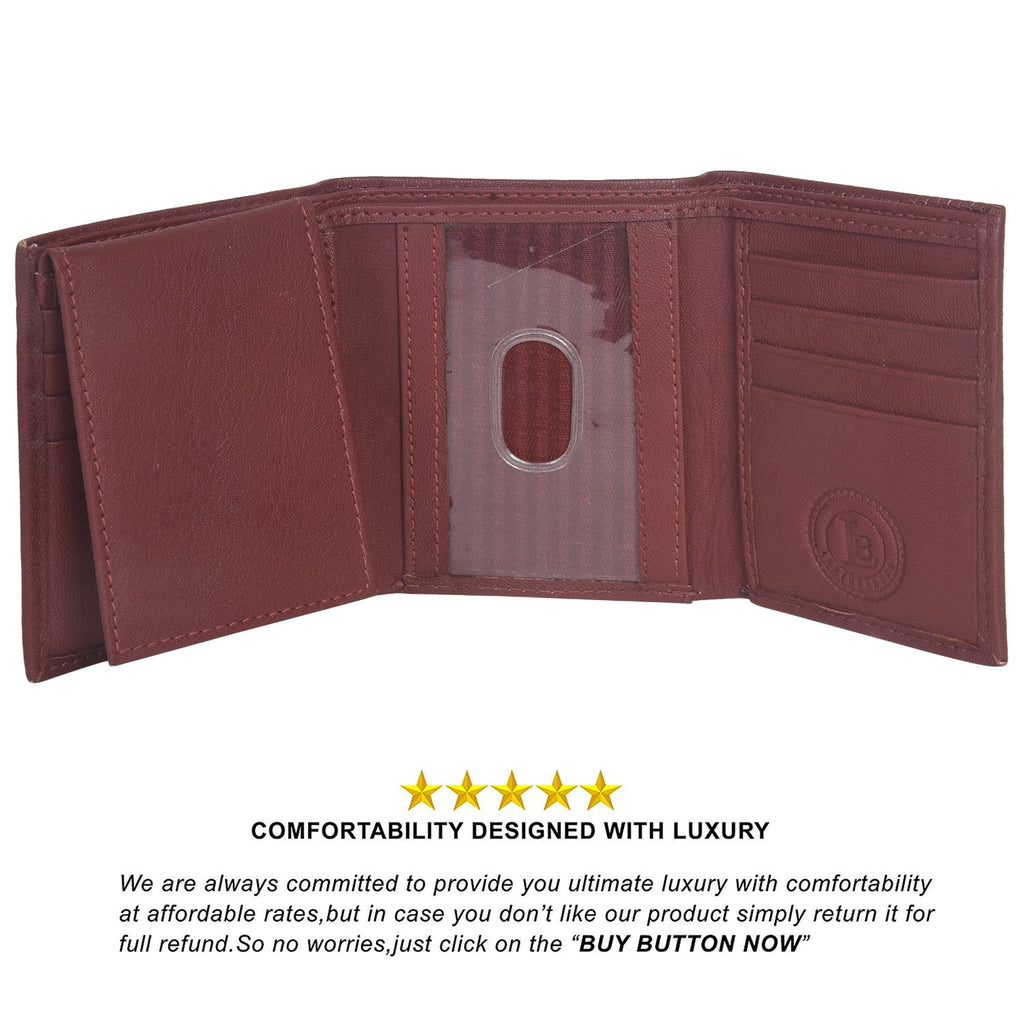 Mens Flap Up ID Trifold Genuine Leather Wallet, Brown - Image 6