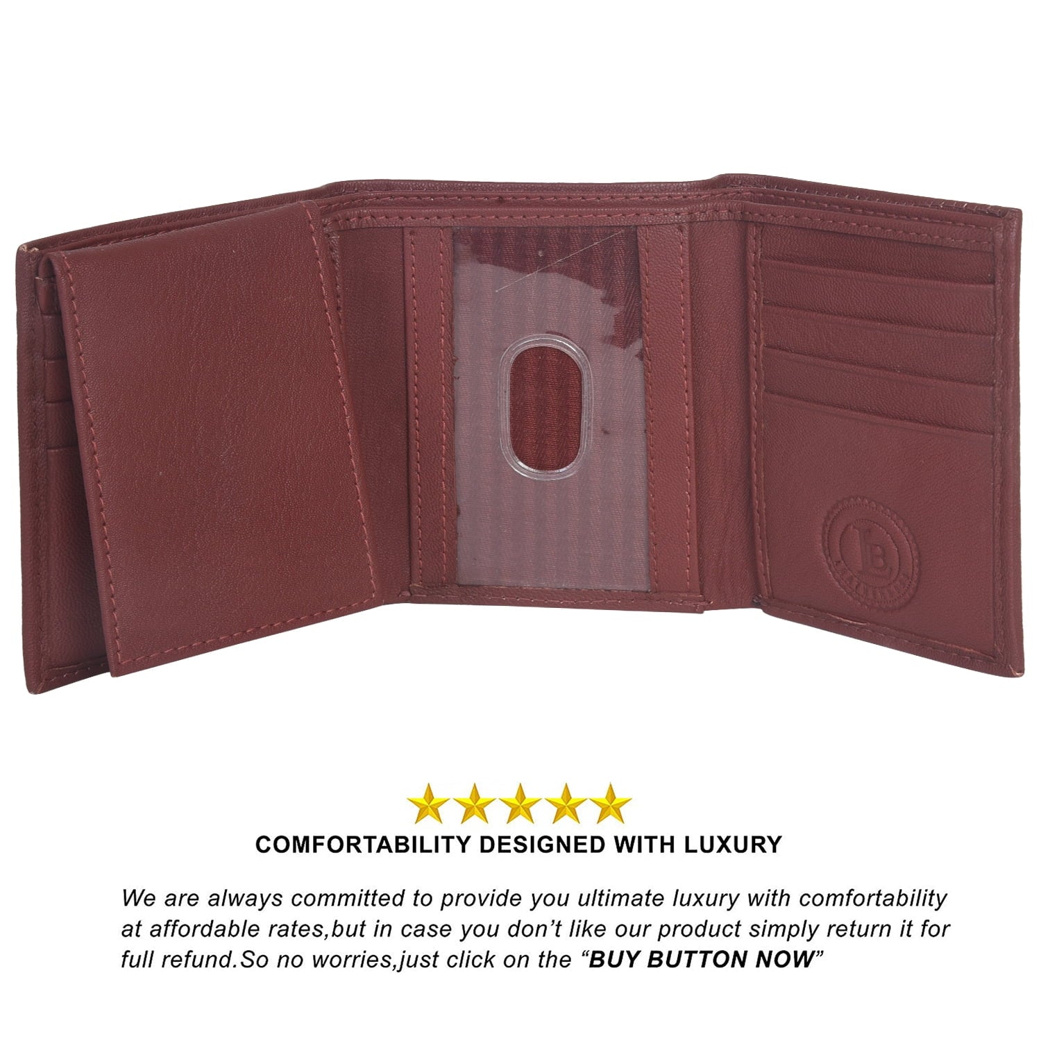 Mens Flap Up ID Trifold Genuine Leather Wallet, Brown - Image 6