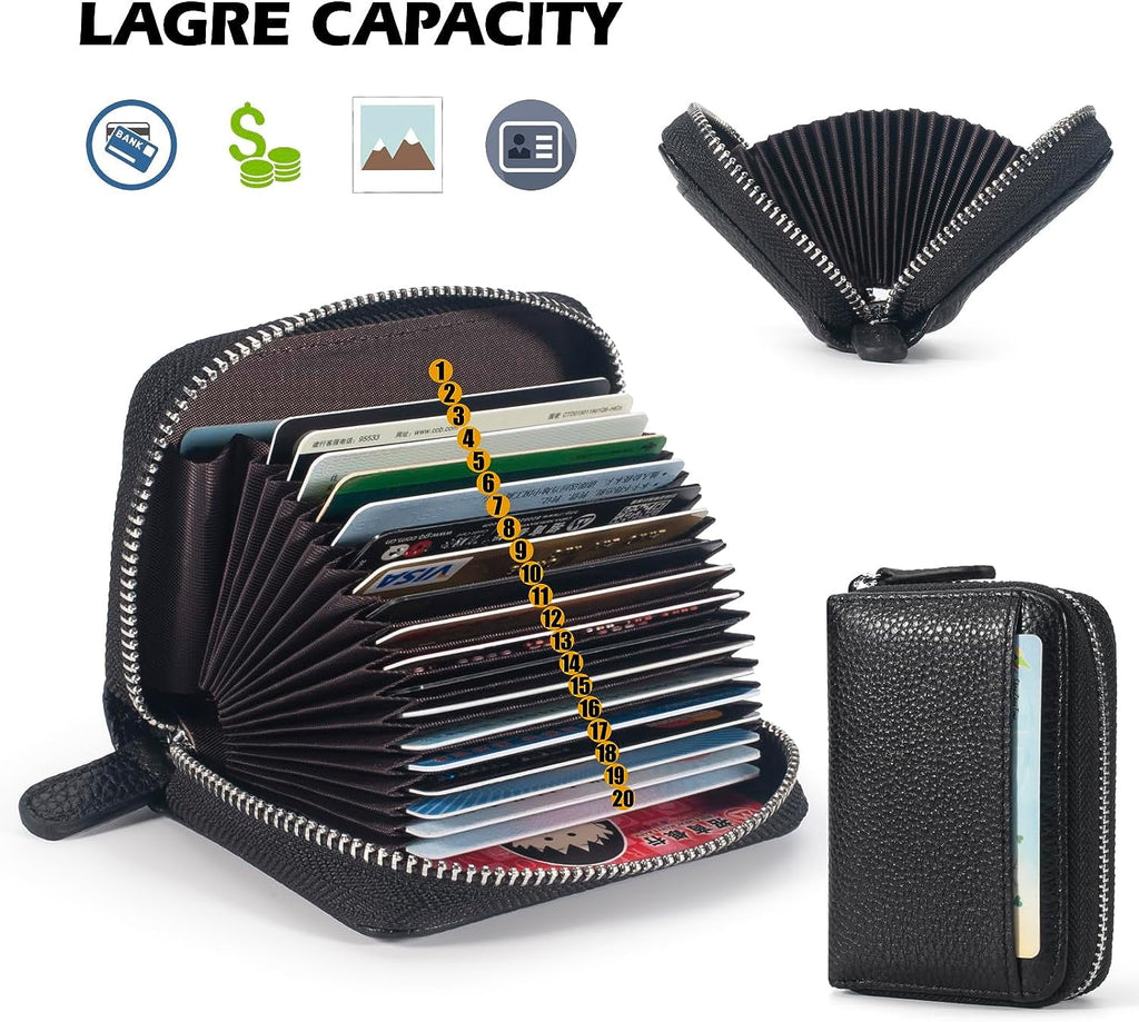 Credit Card Holder Wallet RFID Blocking Slim Genuine Leather Organizer Zipper Pocket Id Card Pouch Case Purse with 20 Card Slots for Women - Image 3