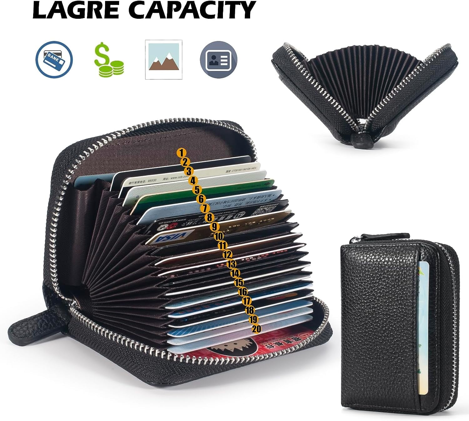 Credit Card Holder Wallet RFID Blocking Slim Genuine Leather Organizer Zipper Pocket Id Card Pouch Case Purse with 20 Card Slots for Women - Image 3
