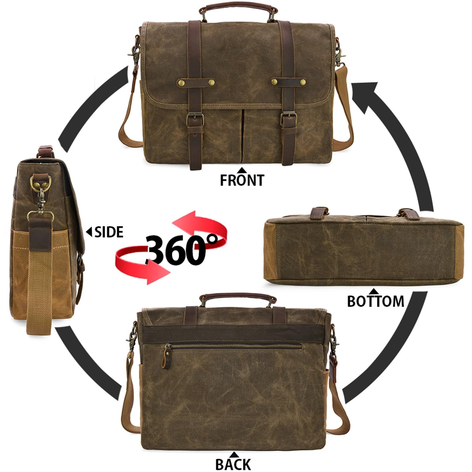 Mens Messenger Bag 15.6 Inch Waterproof Vintage Genuine Leather Waxed Canvas Briefcase Large Leather Computer Laptop ... - Image 4