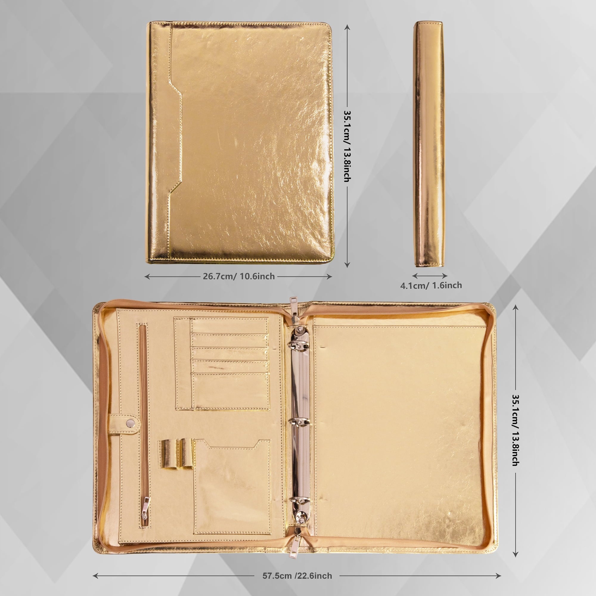 Spotlight Golden Portfolio 3 Ring Binder, Vegan Leather Portfolio Binder with Zipper, Business Padfolio Organizer Notepad Holder,Folder with - Image 4