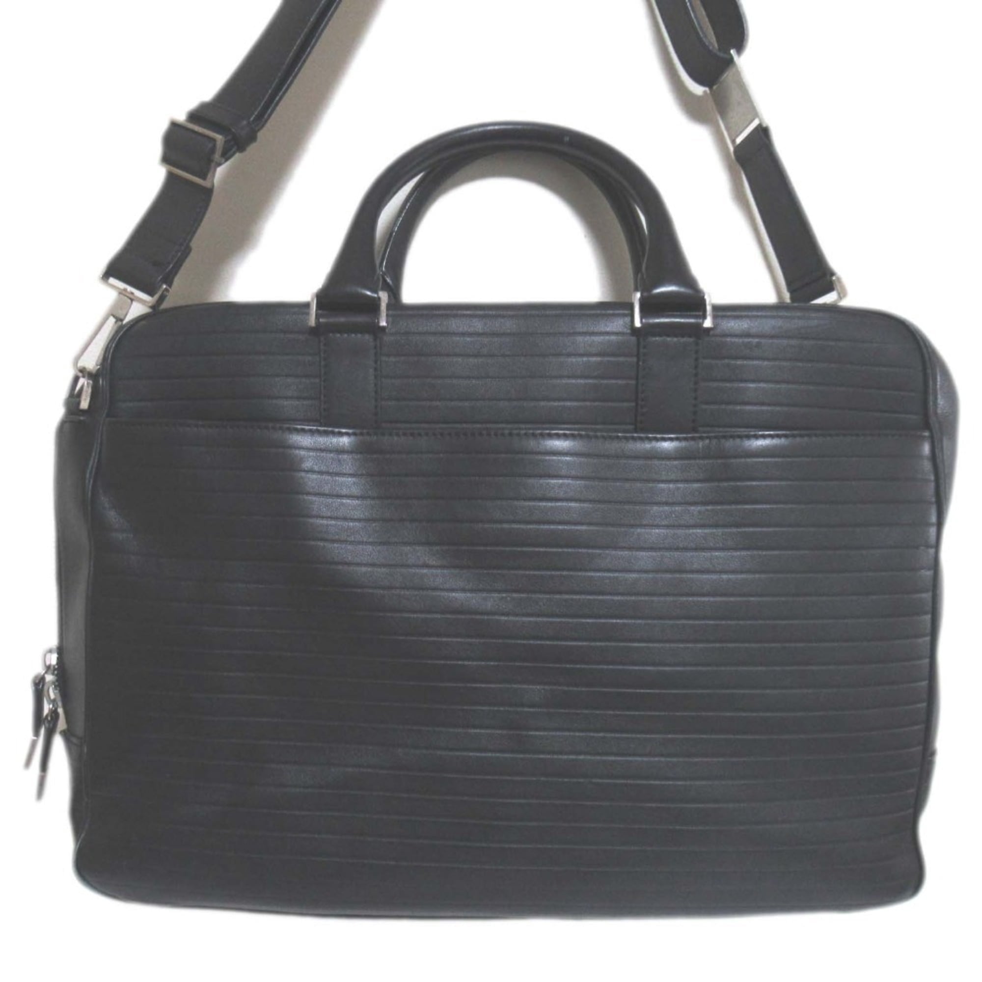Pre-Owned Leather Briefcase Business Bag with PC Pocket, Black, Men's