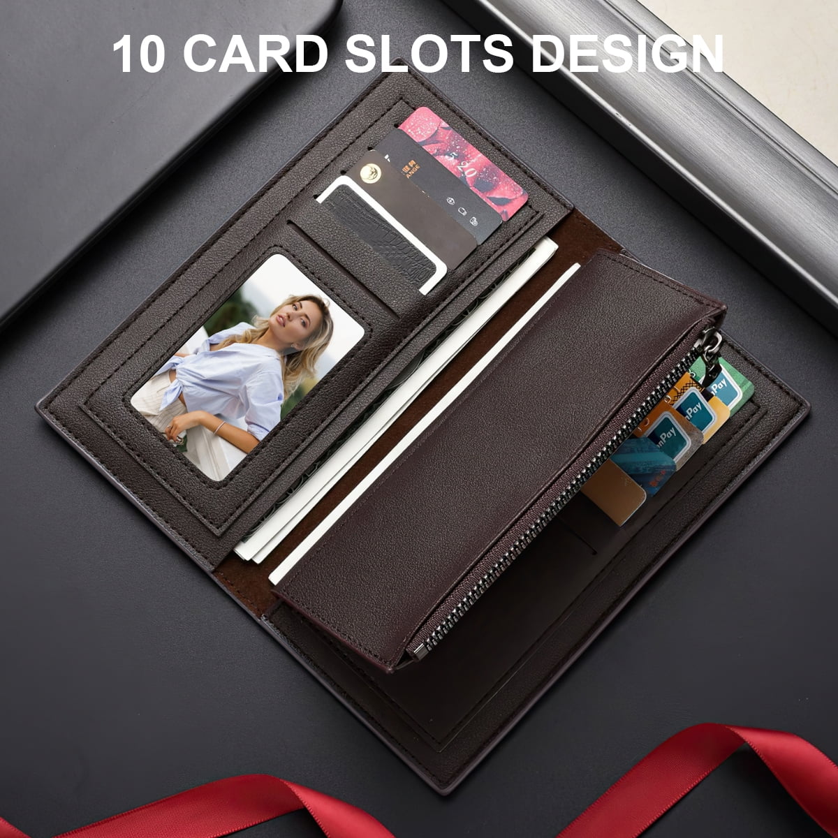 Long Wallet for men, RFID Blocking Bifold Leather Wallet, Men's Long Slim Wallet with ID Window and Multiple Card Slots - Image 3