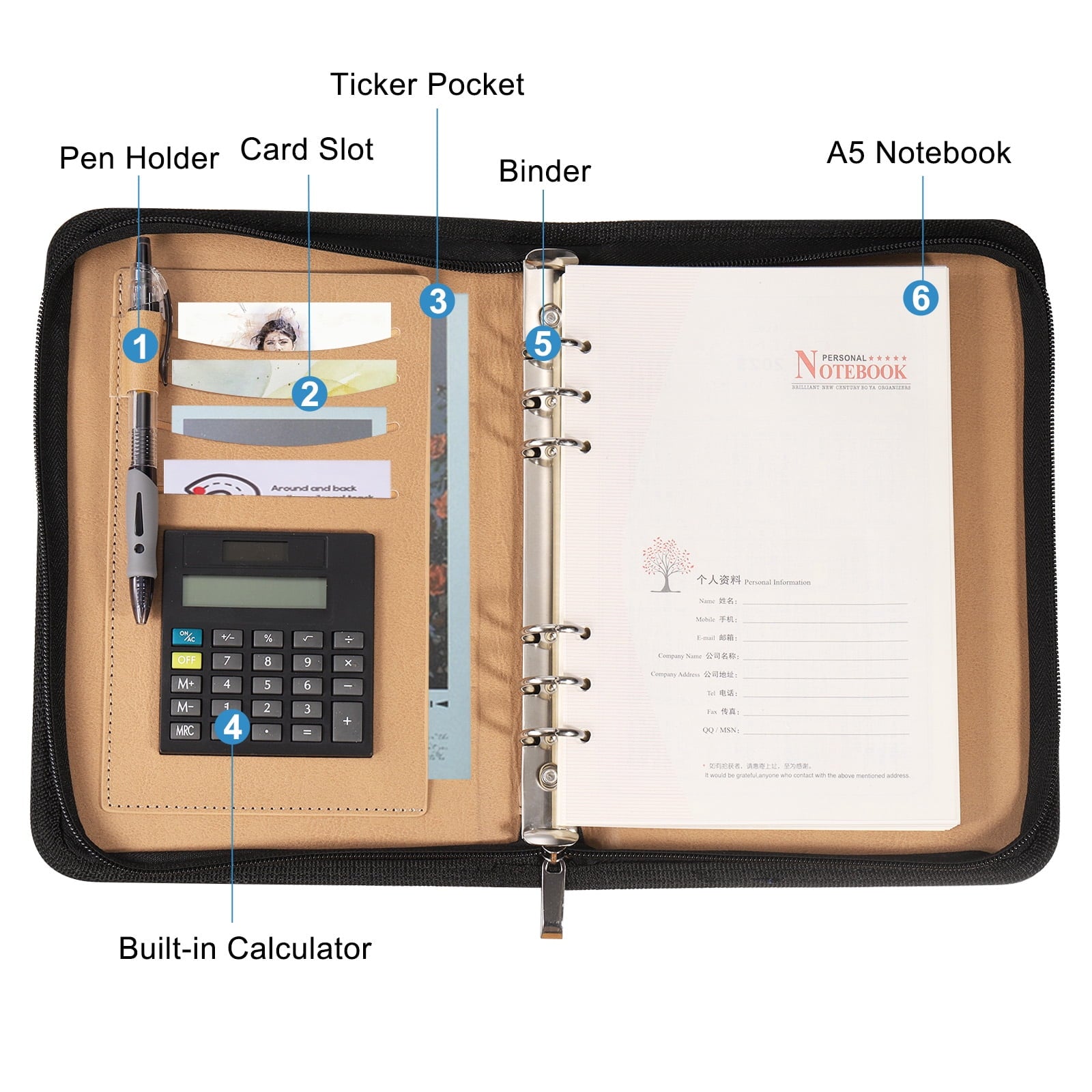 A5 Business Portfolio PU Leather Padfolio Organizer Legal Document Folder Zipper Professional, Black - Image 3